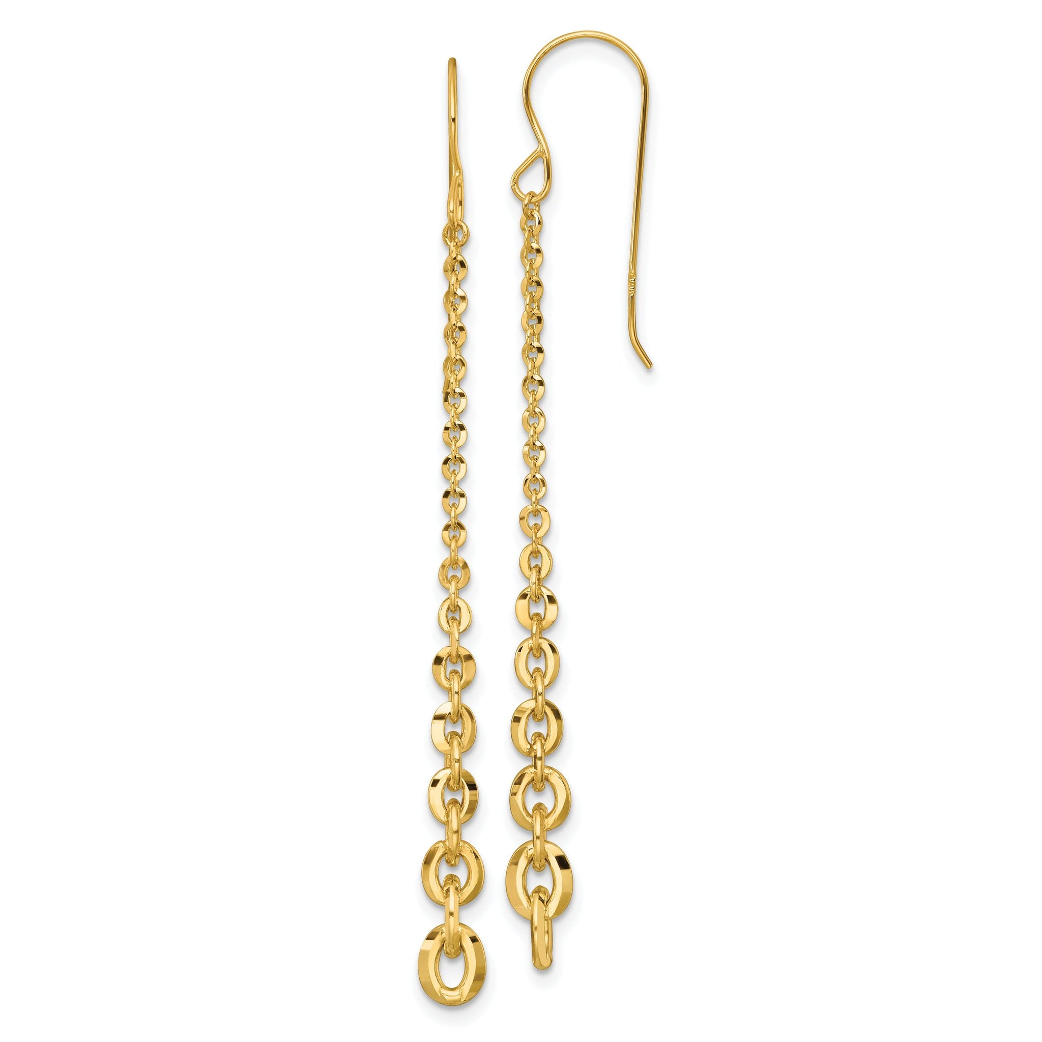 14k Polished Fancy Graduated Cable Chain Link Dangle Shepherd Hook Earrings