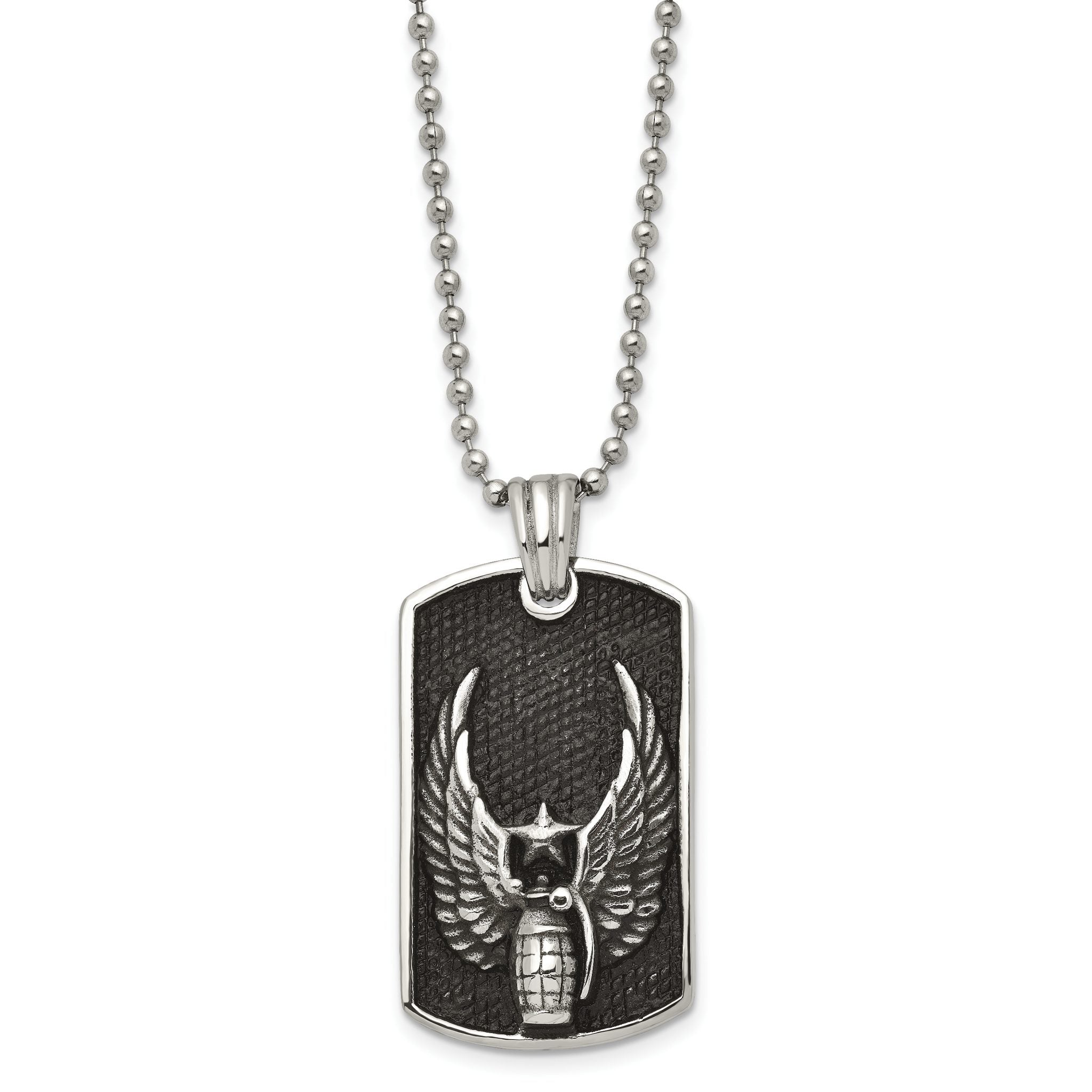 Chisel Stainless Steel Antiqued and Polished Black IP-plated Grenade with Wings Dog Tag on a 22 inch Ball Chain Necklace Secondary image