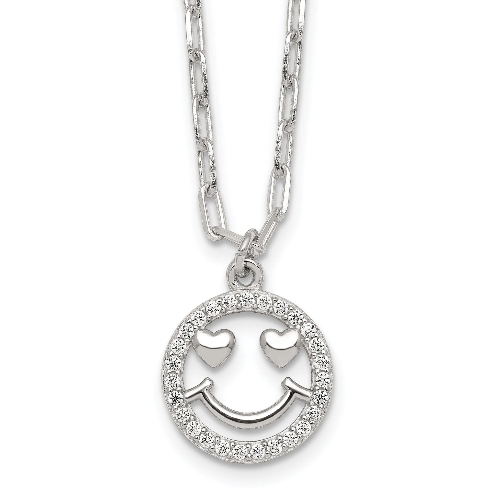 Sterling Silver Polished White CZ Smiley Face with Heart Eyes 16 inch Necklace Main image