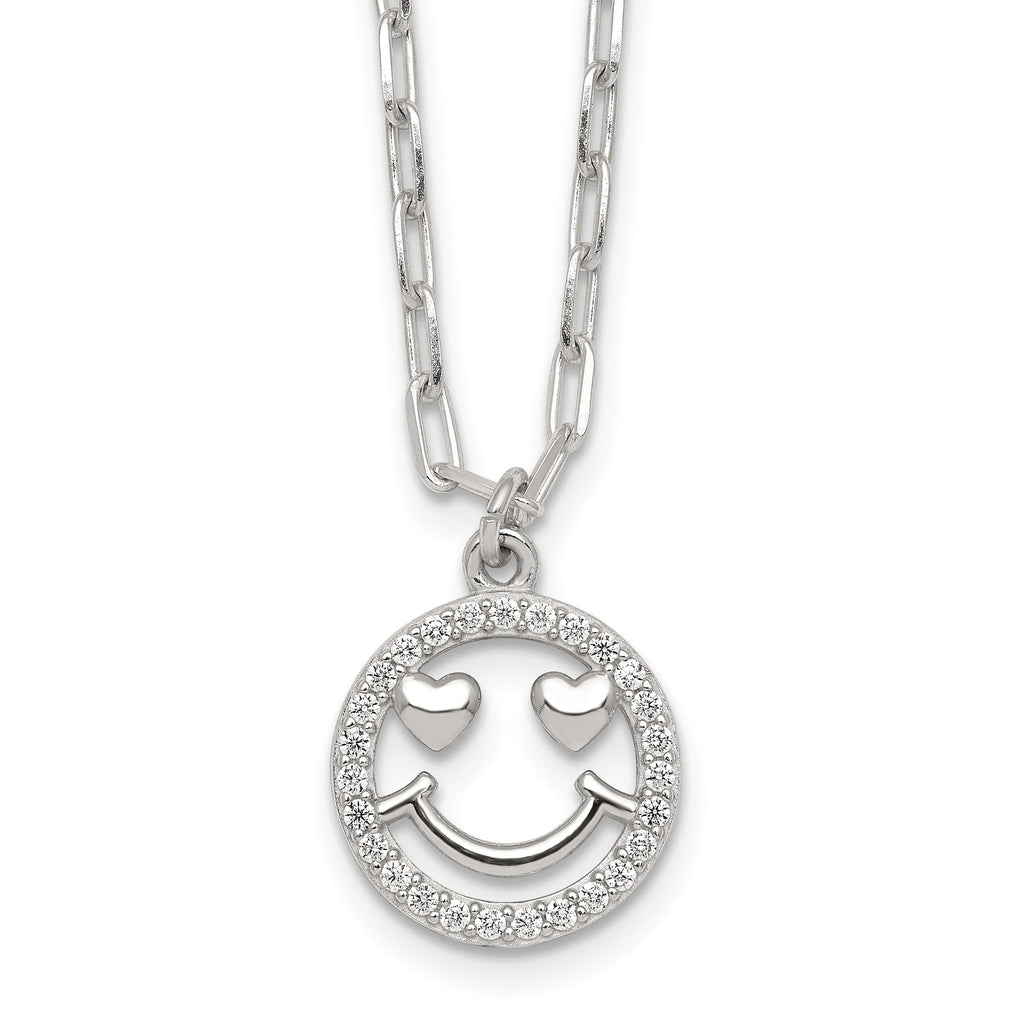 Sterling Silver Polished White CZ Smiley Face with Heart Eyes 16 inch Necklace