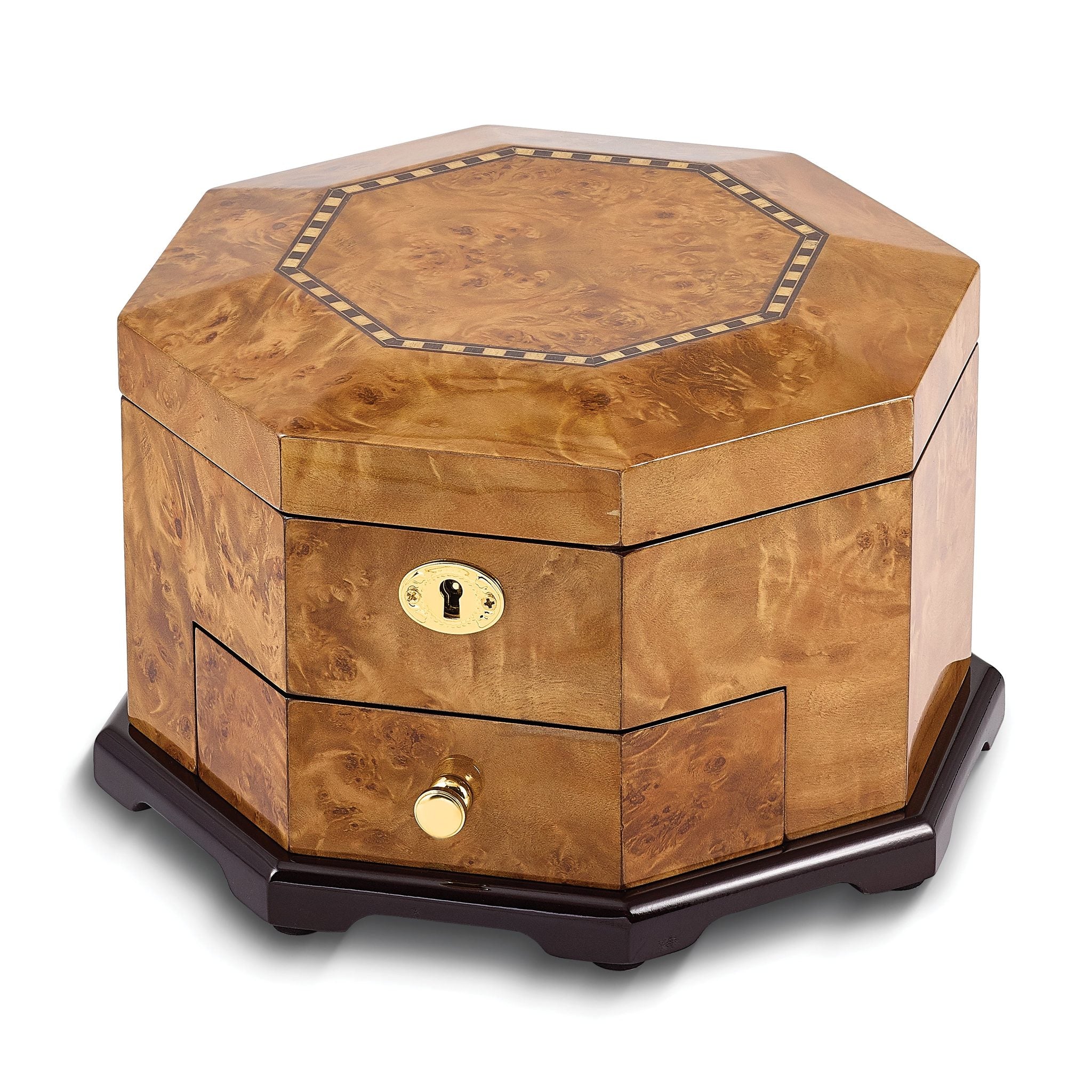 Luxury Giftware High Gloss Rustic Burlwood Veneer w/Scrolled Inlay One Drawer Octagonal Locking Wooden Jewelry Box Main image