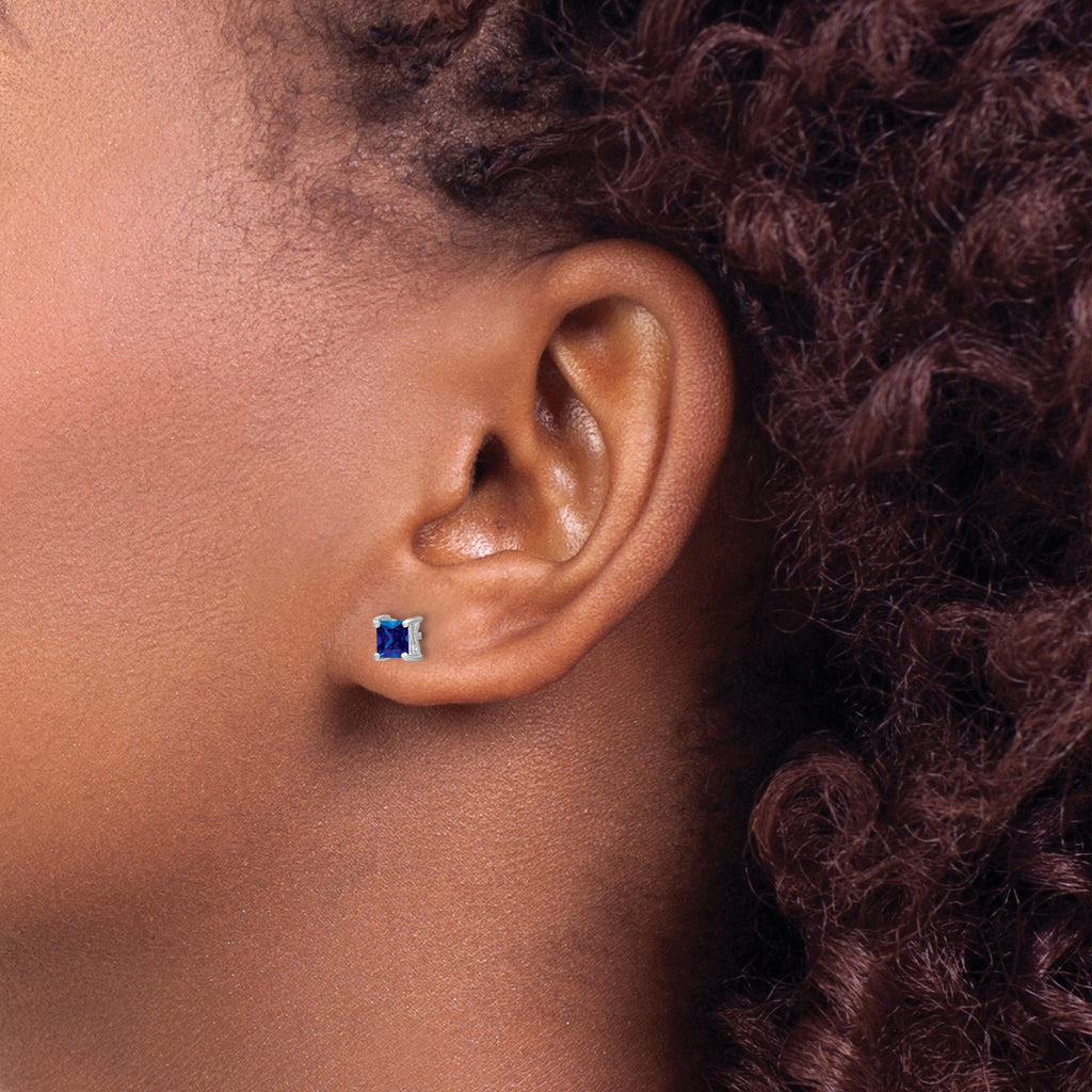 Sterling Silver Rhod-pltd 4mm Princess Created Sapphire Post Earrings