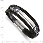 Stainless Steel Polished Multi Strand Black Leather and Black and Grey Cotton ID Bracelet