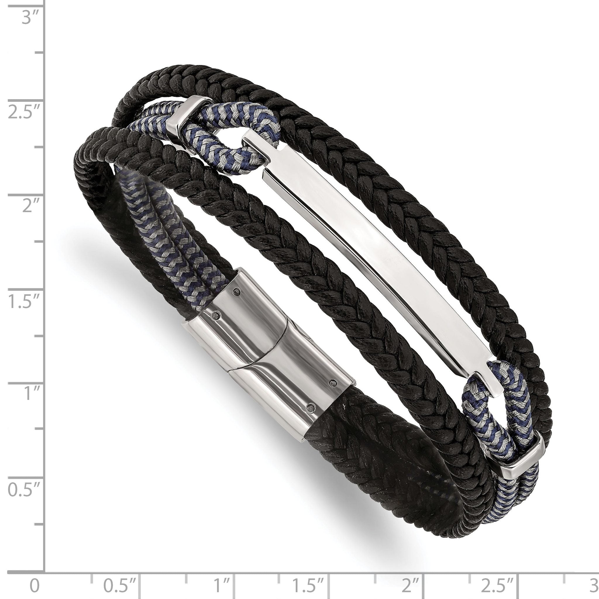 Stainless Steel Polished Multi Strand Black Leather and Black and Grey Cotton ID Bracelet