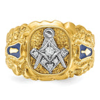 10k Two-tone Men's Polished and Nugget Textured Diamond Blue Lodge Master Masonic Ring