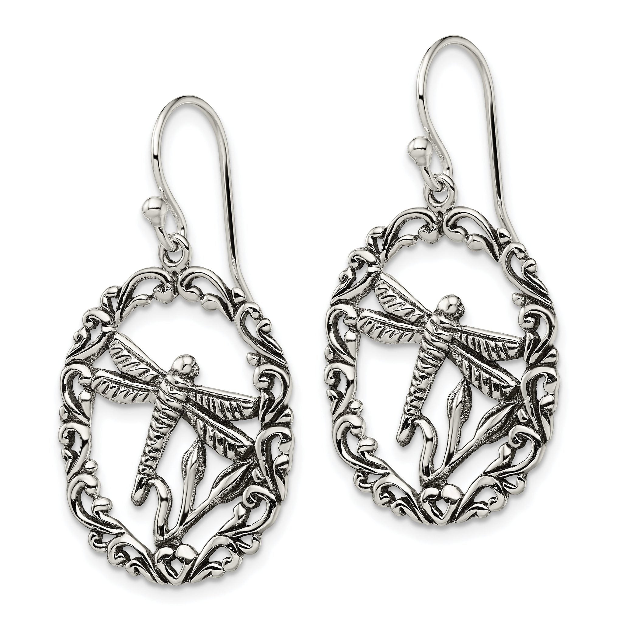 Sterling Silver Antiqued Dragonfly Dangle Shepherds Hook Earrings Secondary image