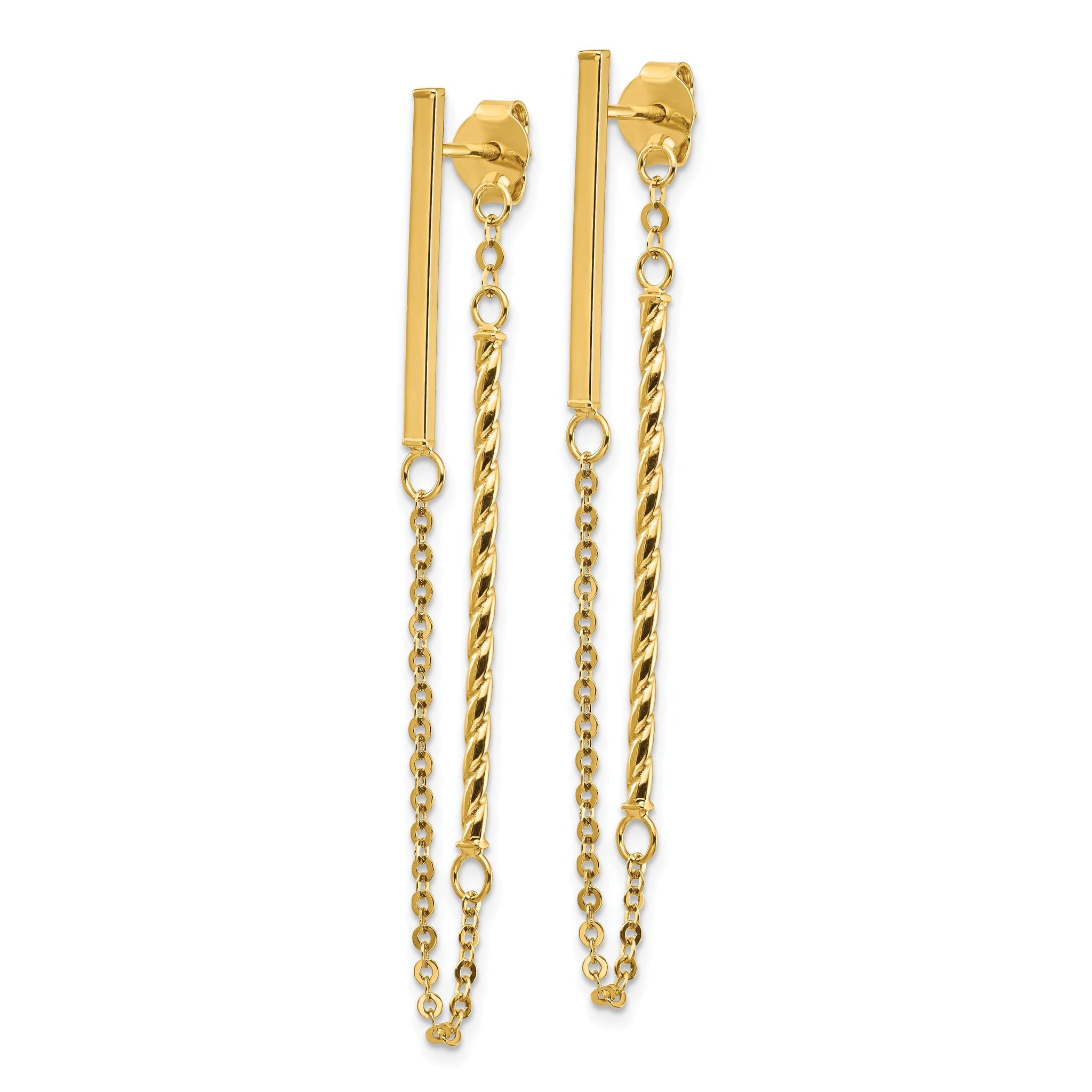 14k Polished and Twisted Bar w/Chain Post Earrings Secondary image