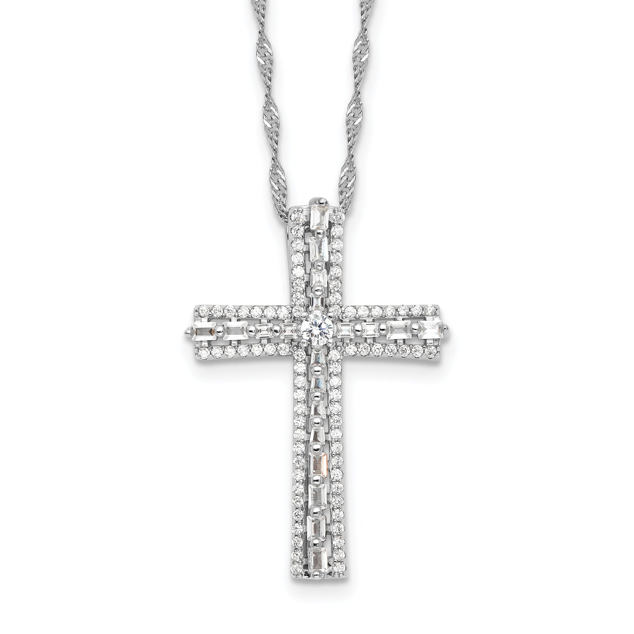 Sterling Silver Rhodium-Rhodium-Plated CZ Cross 18in With 2 Inch Extention. Necklace