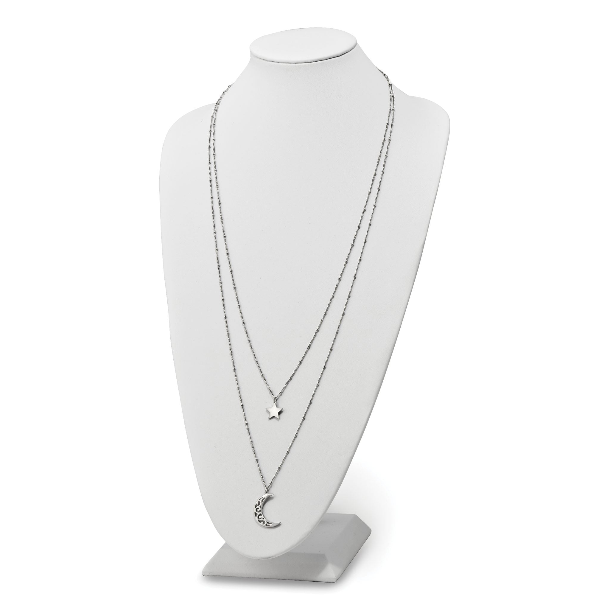 Chisel Stainless Steel Polished Beaded Star and Moon 2 Strand 30 inch Curb Chain Necklace Secondary image