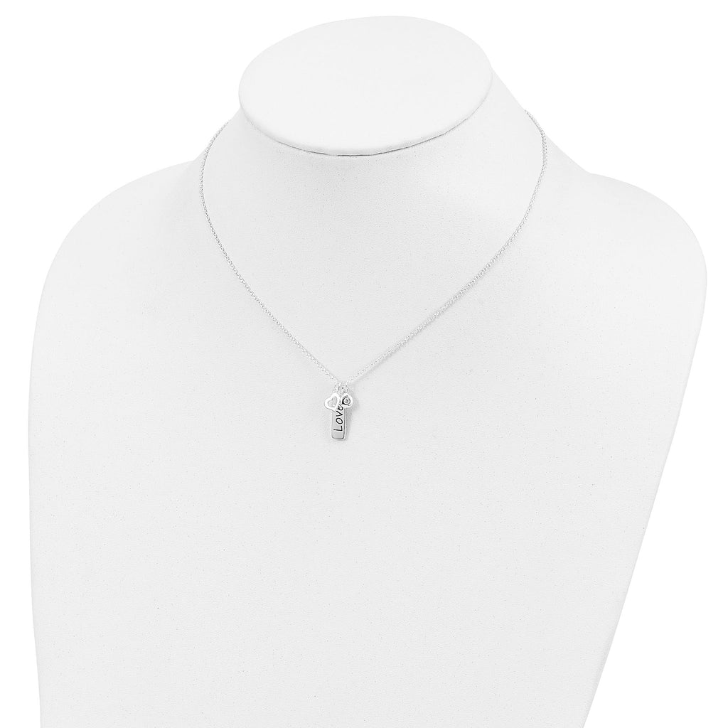 Sterling Silver Antiqued/Polished CZ LOVE Heart With 1in ext Necklace