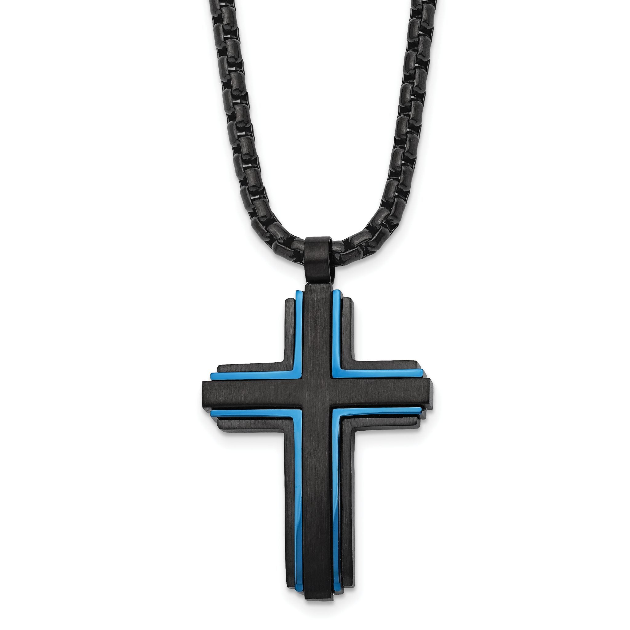 Chisel Stainless Steel Brushed and Polished Black and Blue IP-plated Cross Pendant on a 24 inch Box Chain Necklace Main image