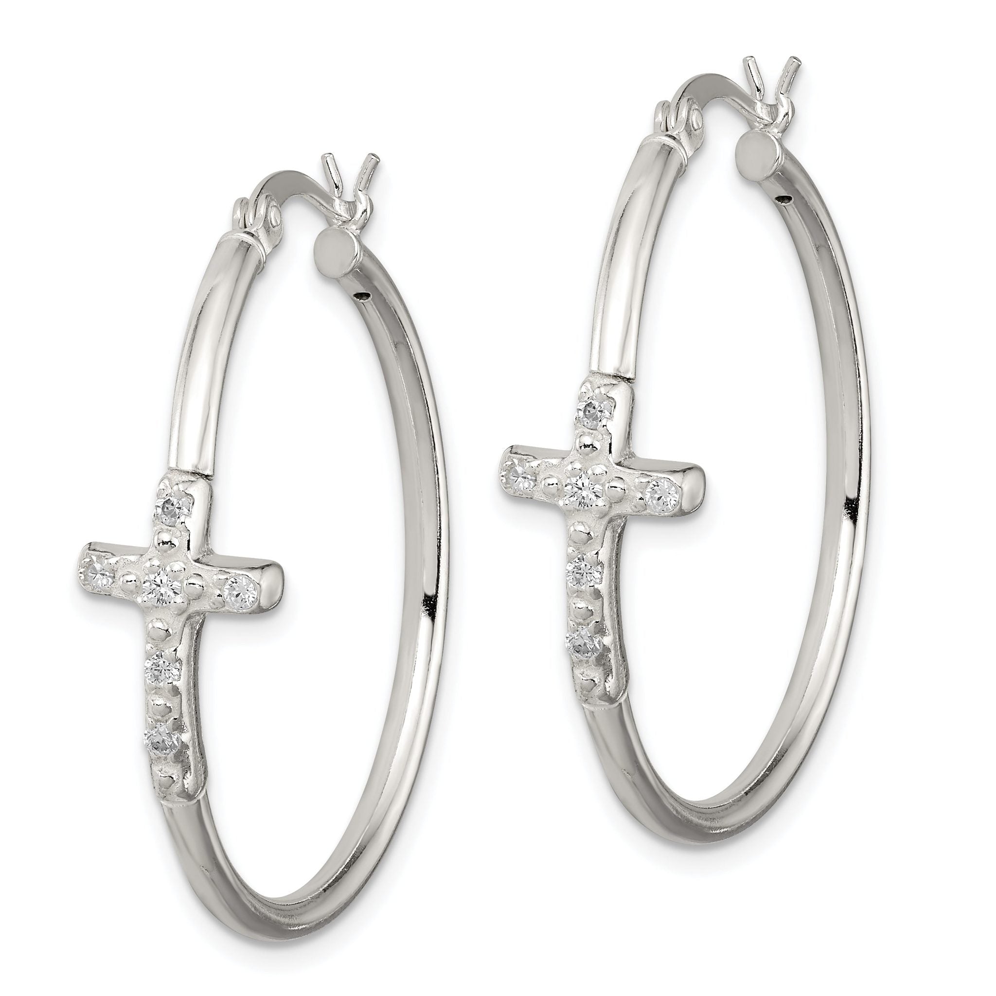 Sterling Silver CZ Cross Hoop Earrings with Polished Anti-Tarnish Finish Secondary image