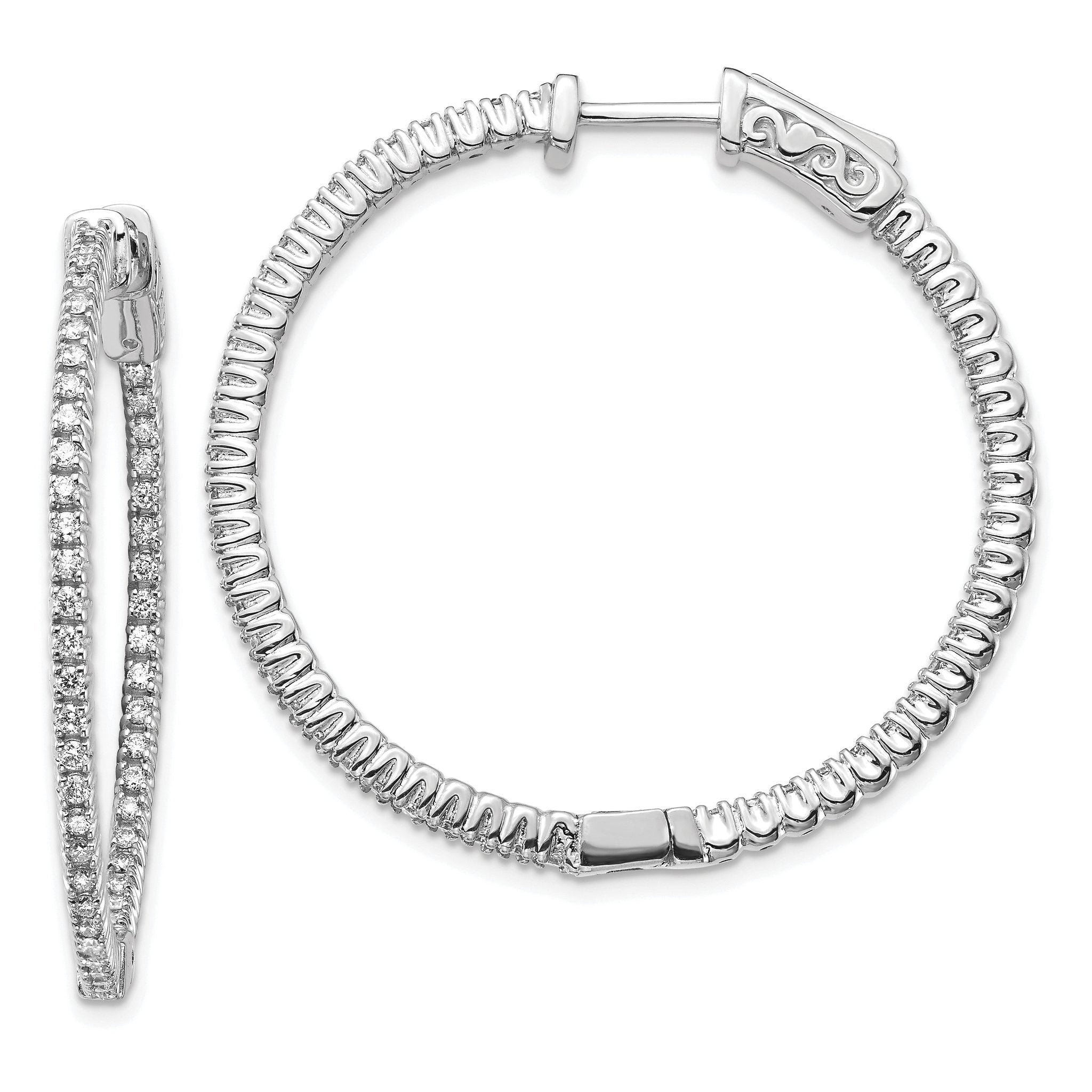 14k White Gold Diamond Round Hoop w/Safety Clasp Earrings Main image