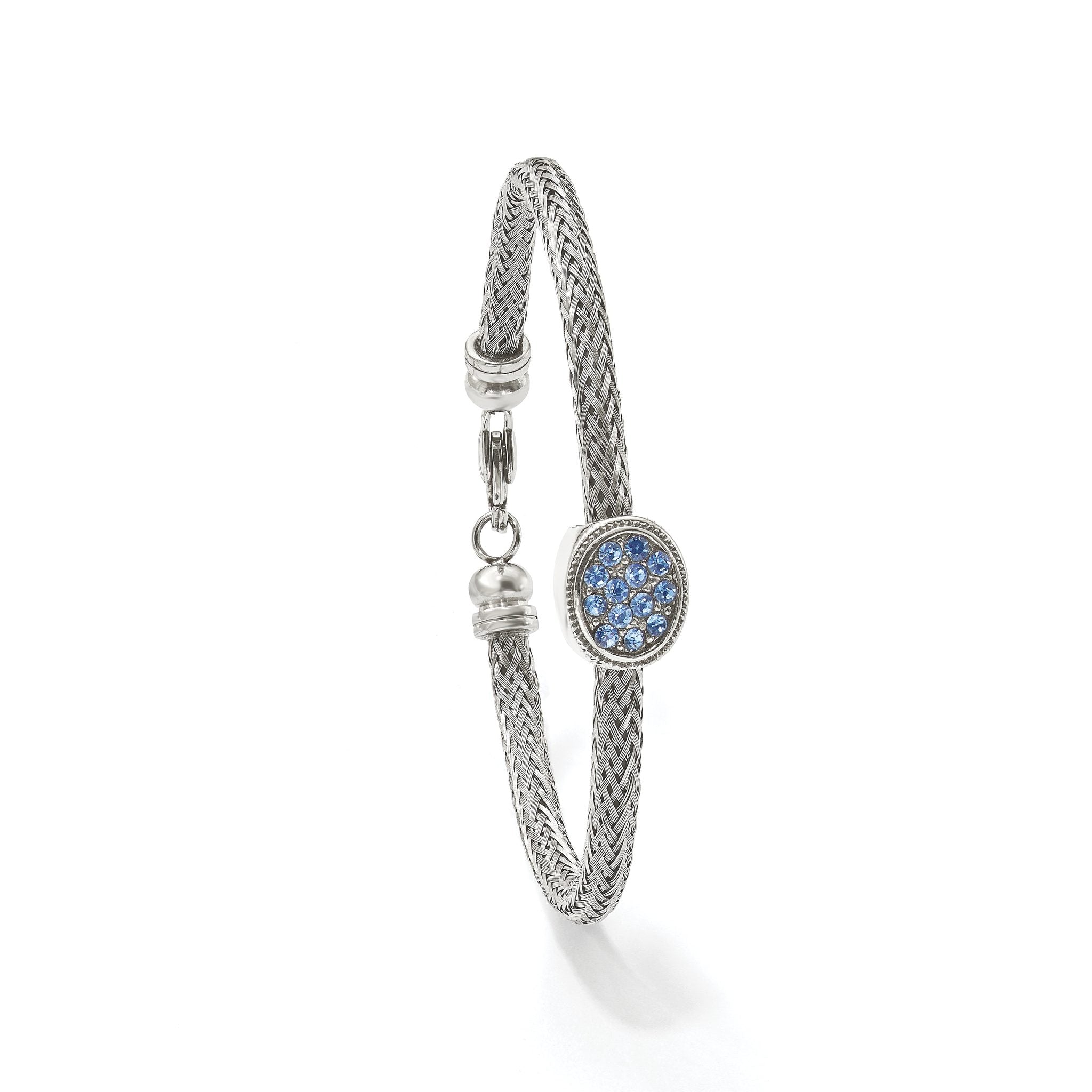 Stainless Steel Polished and Textured Blue Crystal Bracelet for Women
