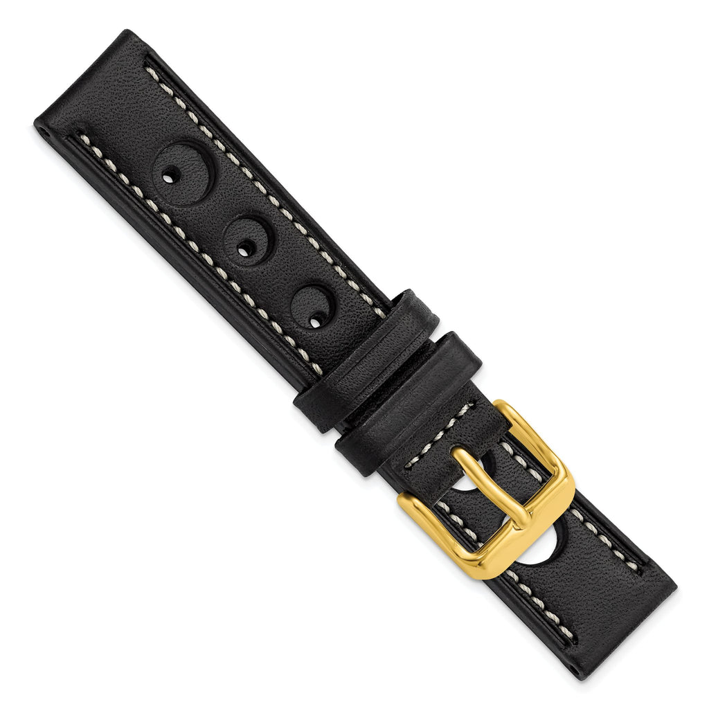 Grand Prix Leather Watch Band in Black with Gold-Tone Buckle, 22mm