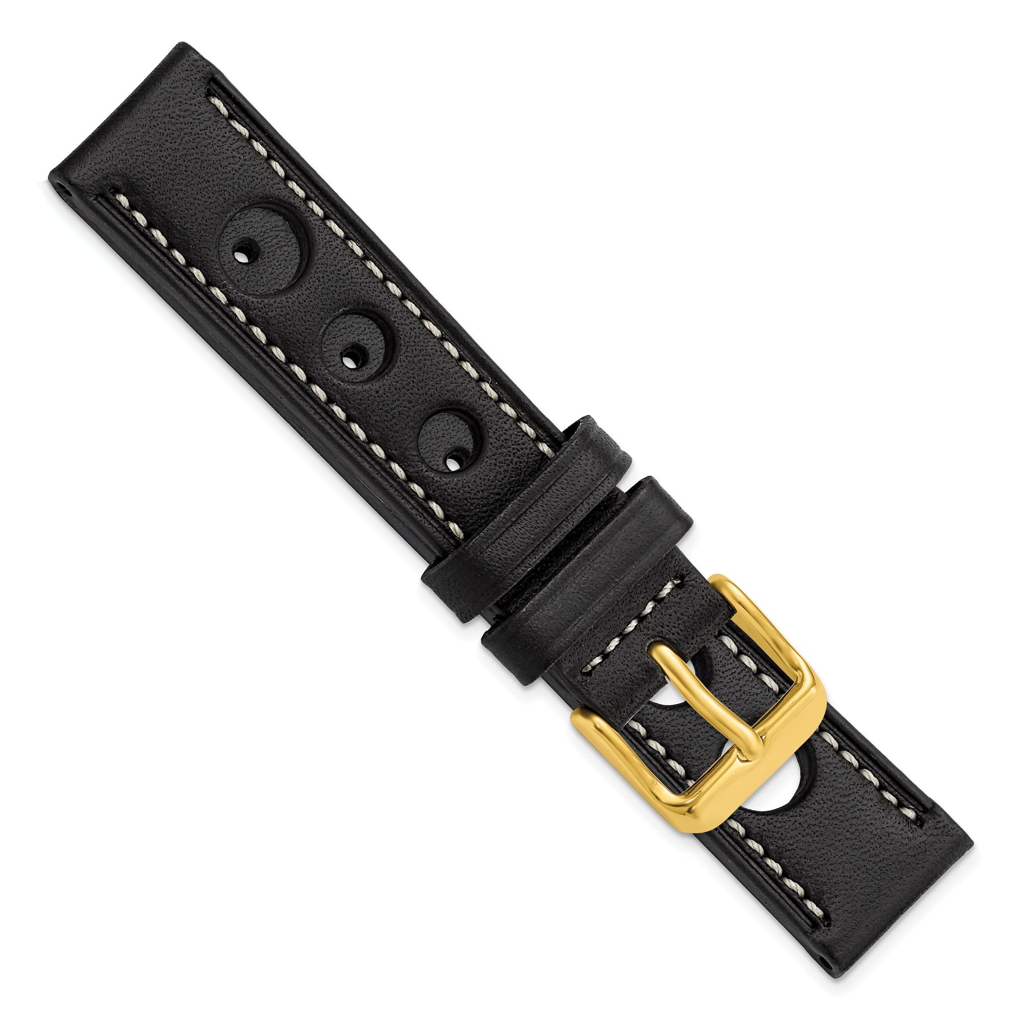 Grand Prix Leather Watch Band in Black with Gold-Tone Buckle, 22mm
