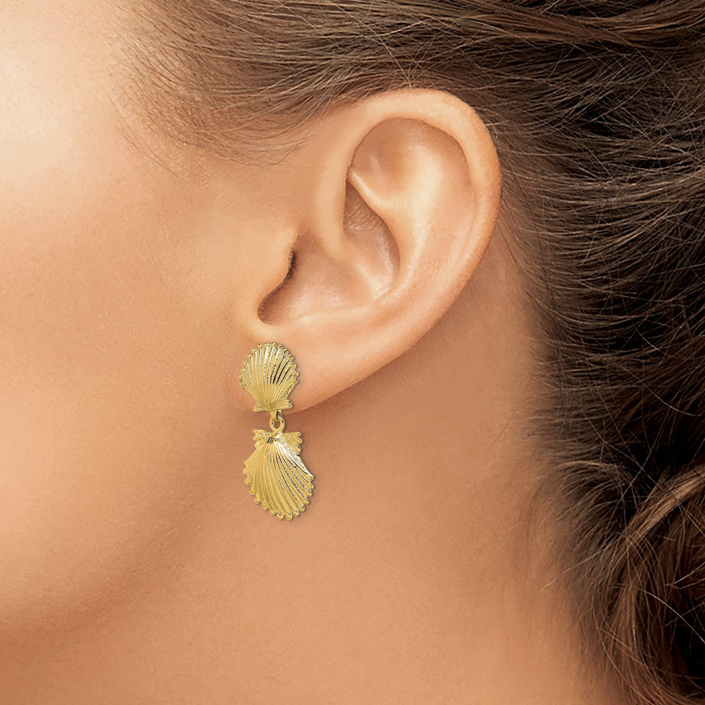 14K Double Scallop Shell Dangle Earrings