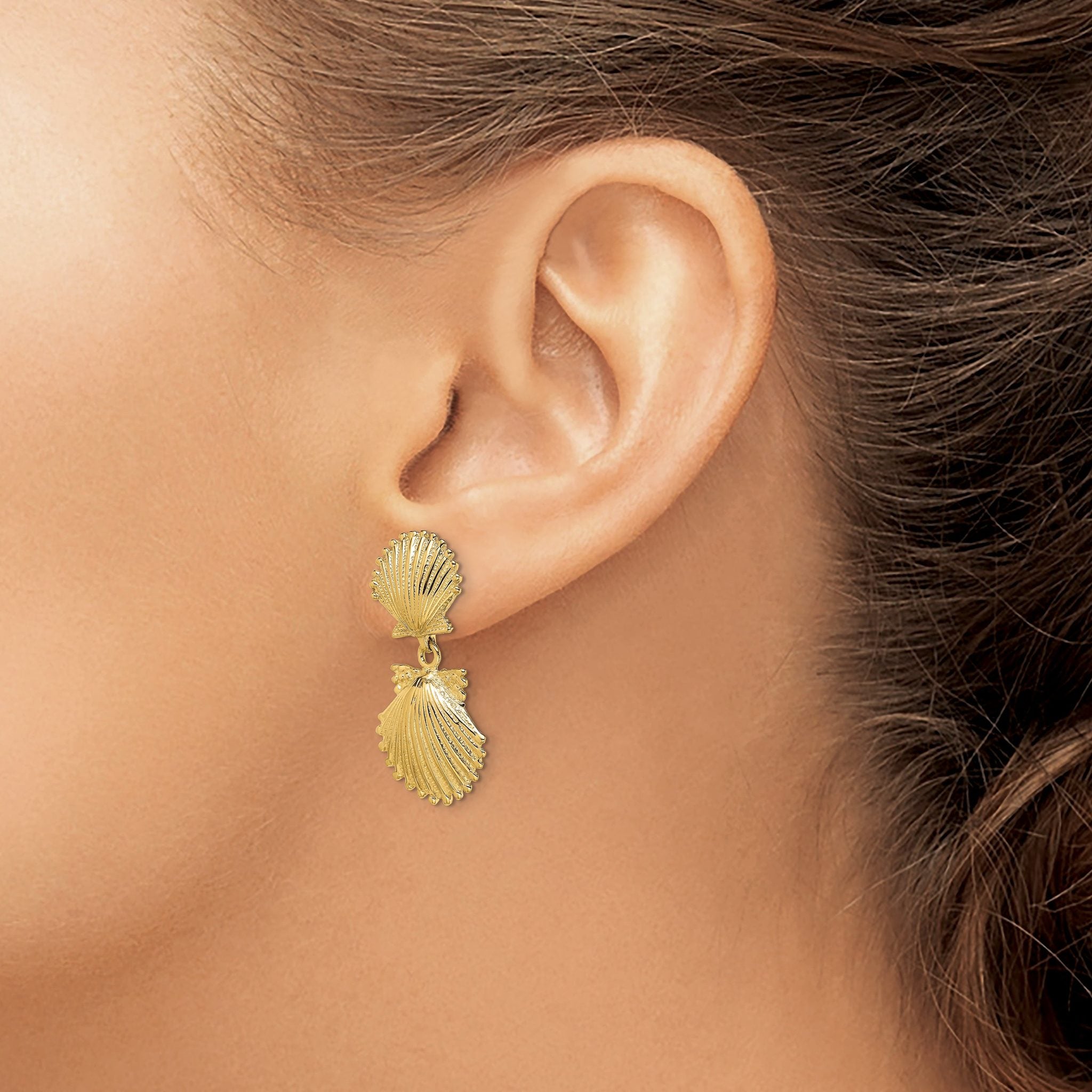 14K Double Scallop Shell Dangle Earrings