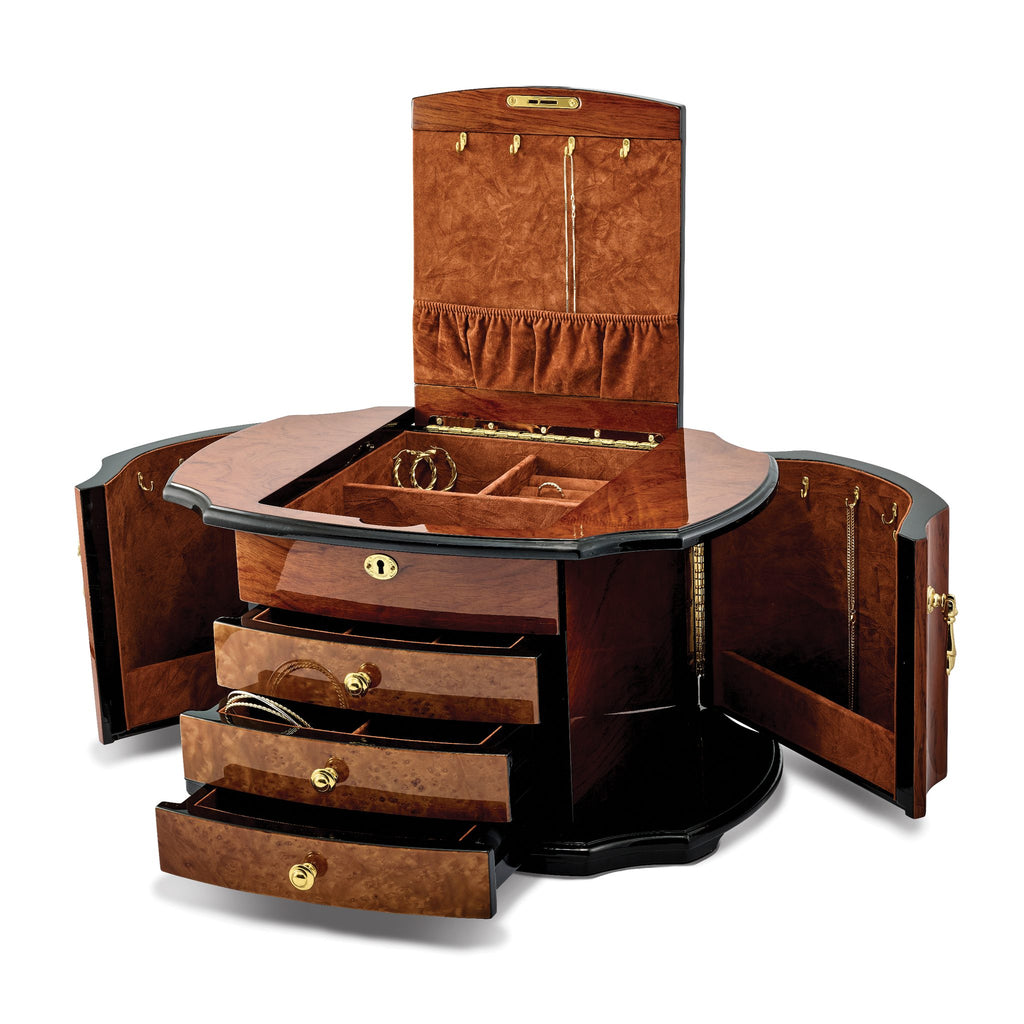 Luxury Giftware High GloSterling Silver Oak Burl Veneer w/Mapa Veneer 2-drawer with Swing-out Sides Locking Wooden Jewelry Box