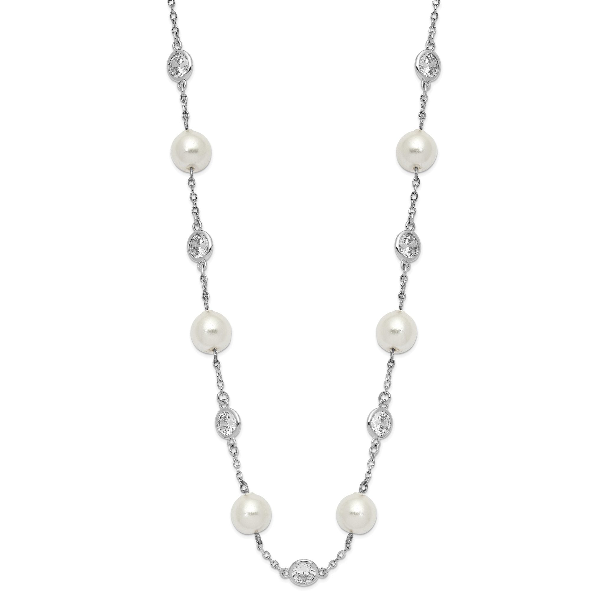 Cheryl 925 Sterling Silver CZ and Pearl Necklace with Polished Rhodium Finish