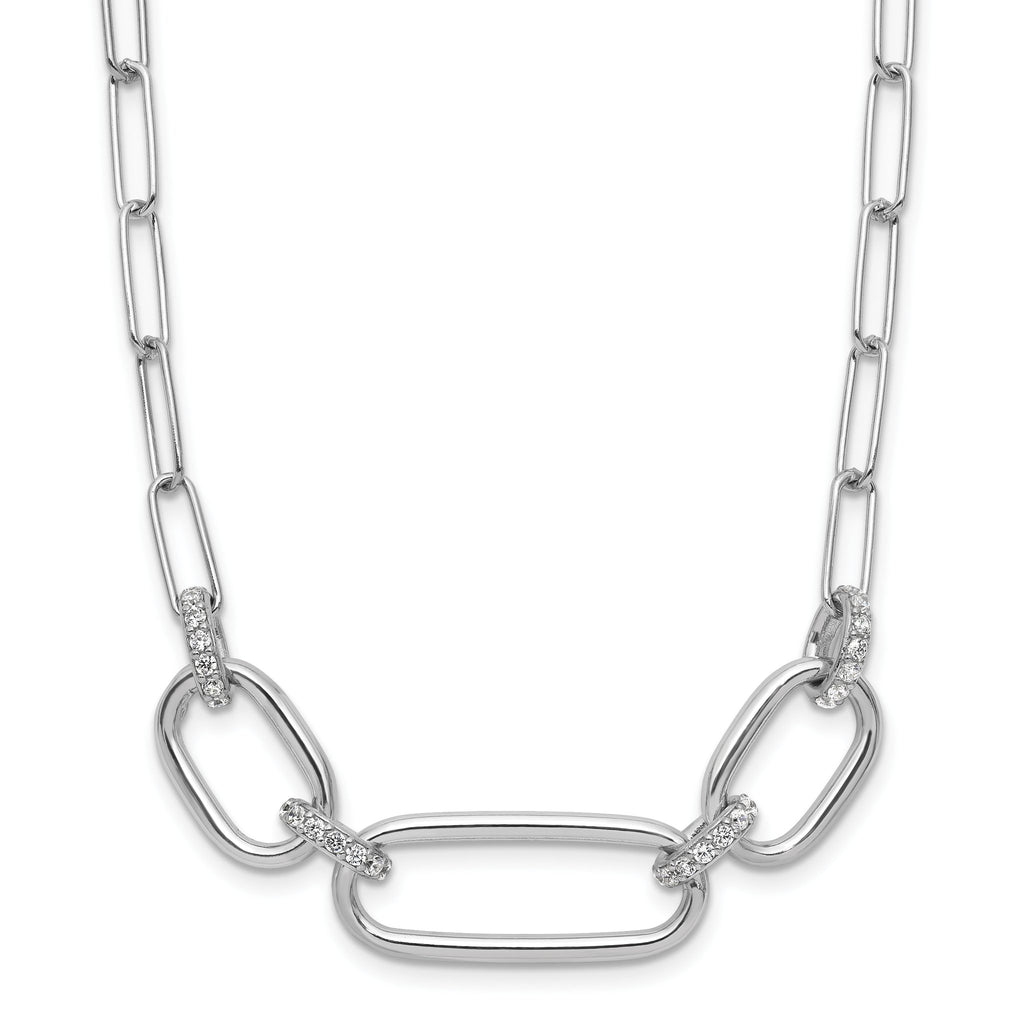 Sterling Silver Rh-plated Polished CZ with 2in ext. Necklace