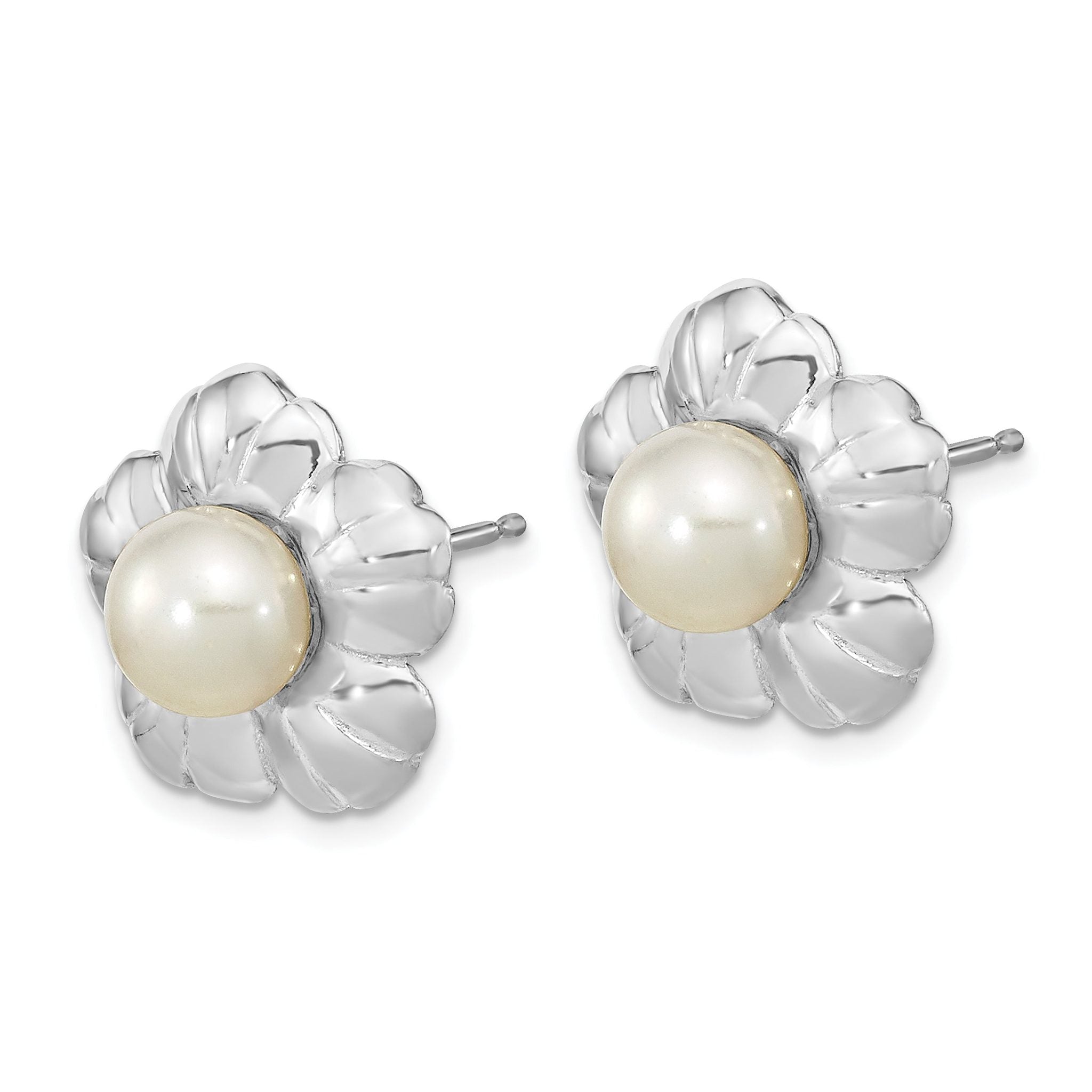 14k White Gold 5-6mm White Button FWC Pearl Flower Post Earrings Secondary image