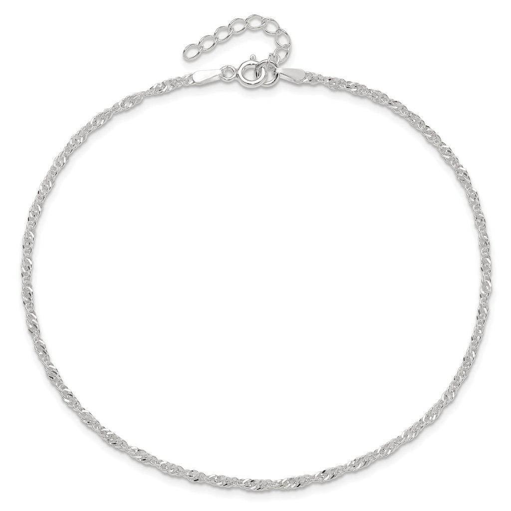 Sterling Silver 1.8mm Singapore Chain 9 inch Plus 1 inch Extender Chain - Total 10 inch Anklet