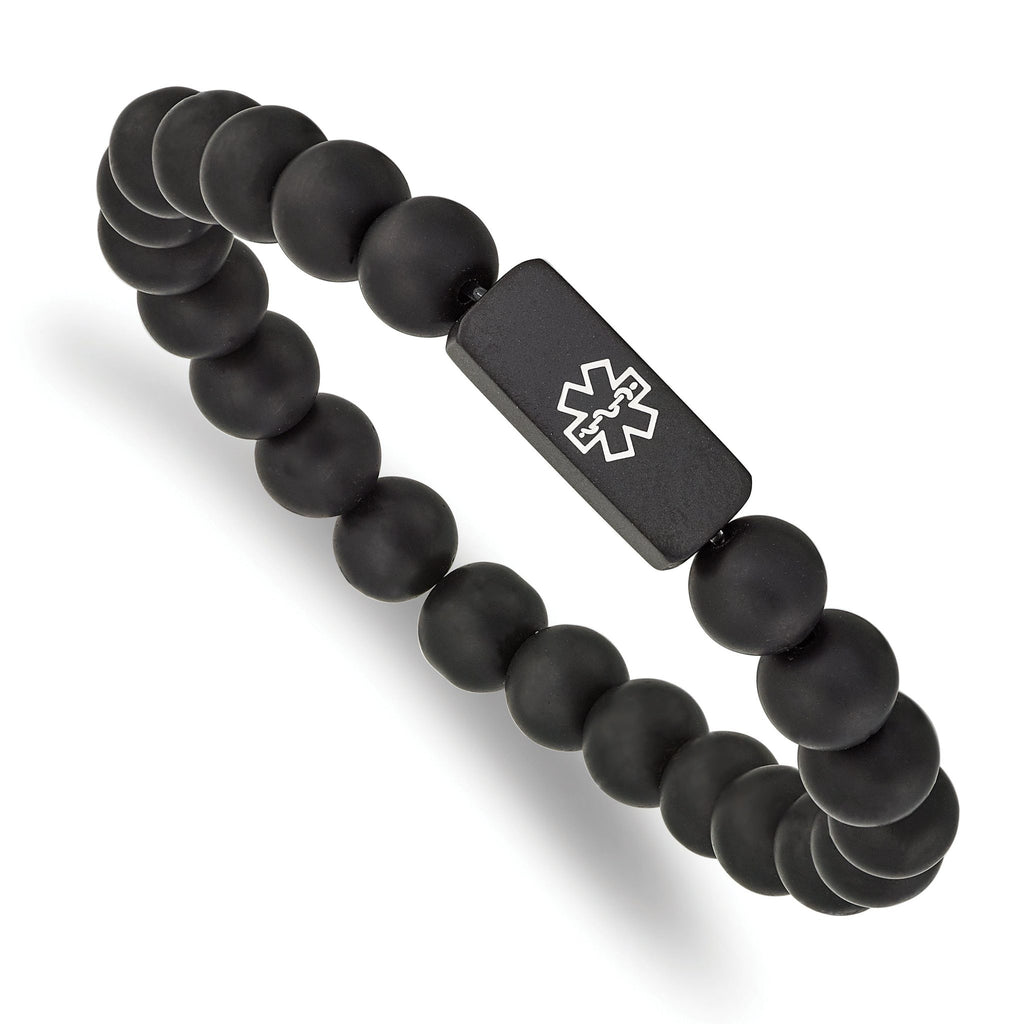 Stainless Steel Brushed Black IP-plated with White Enamel Medical ID 8.5mm Black Agate Beaded Stretch Bracelet