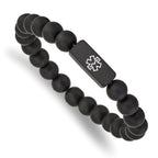 Stainless Steel Brushed Black IP-plated with White Enamel Medical ID 8.5mm Black Agate Beaded Stretch Bracelet