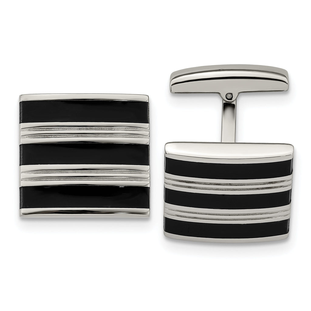 Grooved Cufflinks in Stainless Steel with Black Rubber Stripes