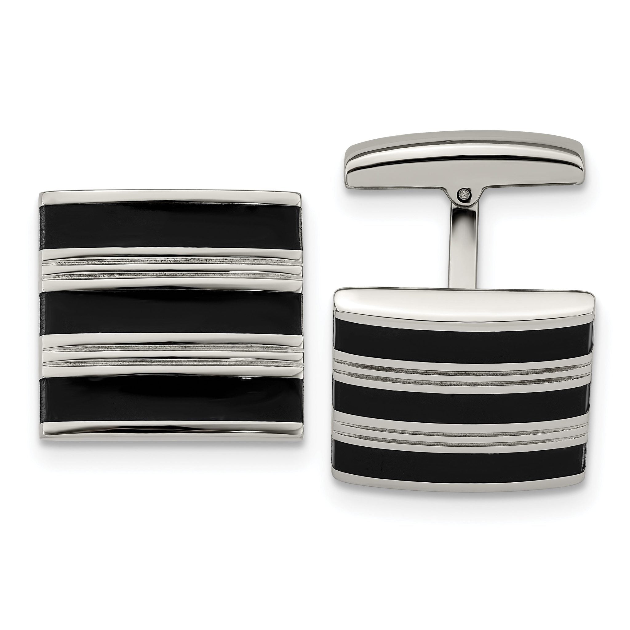 Grooved Cufflinks in Stainless Steel with Black Rubber Stripes