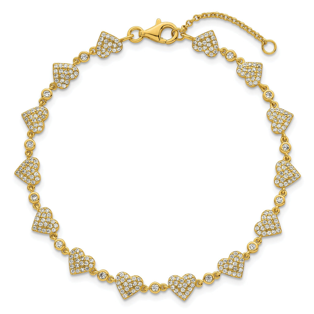 Sterling Silver Gold-tone Polished Pave CZ Hearts 7 Inch with 1 Inch Extension Bracelet