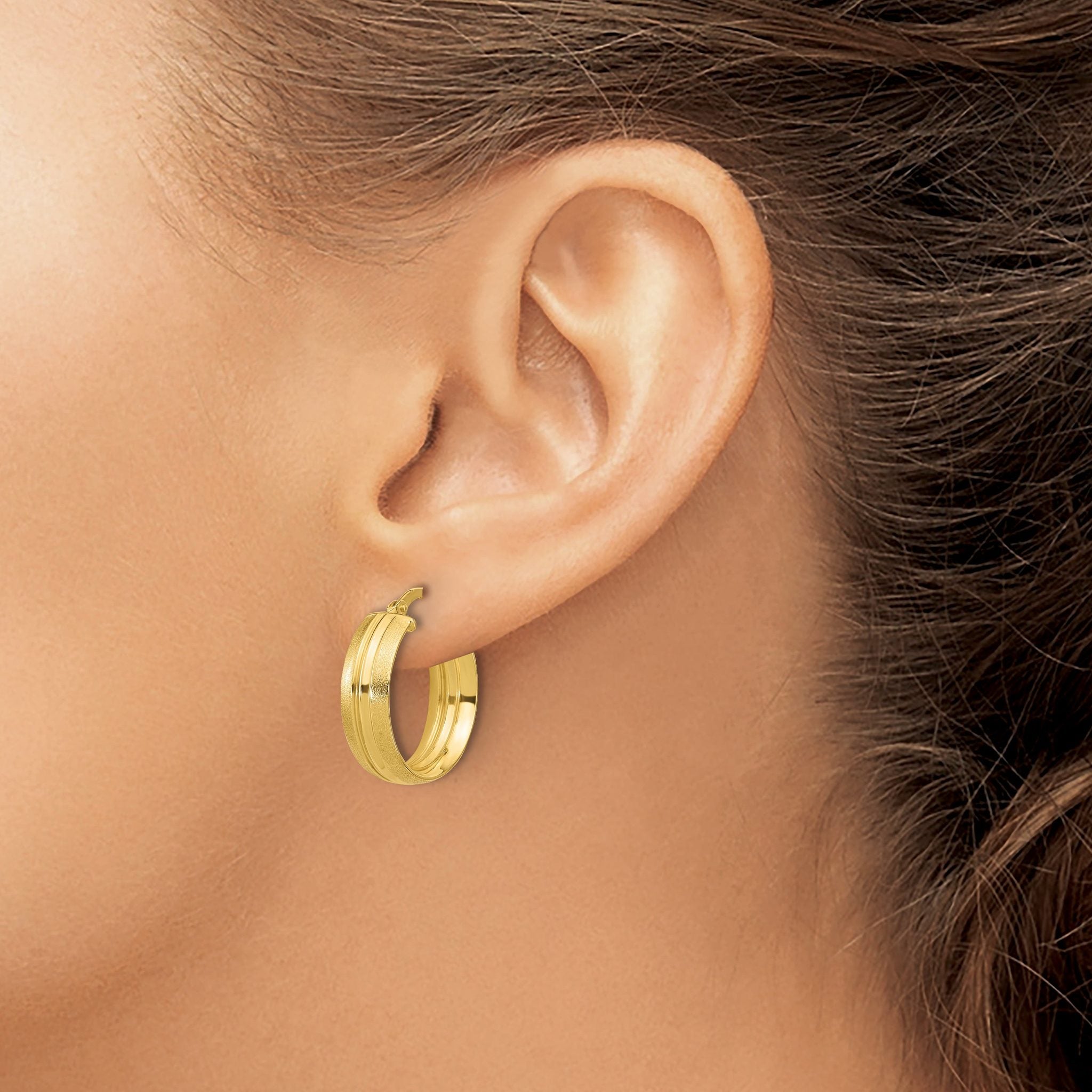 14K Polished and Satin Round Hoop Earrings