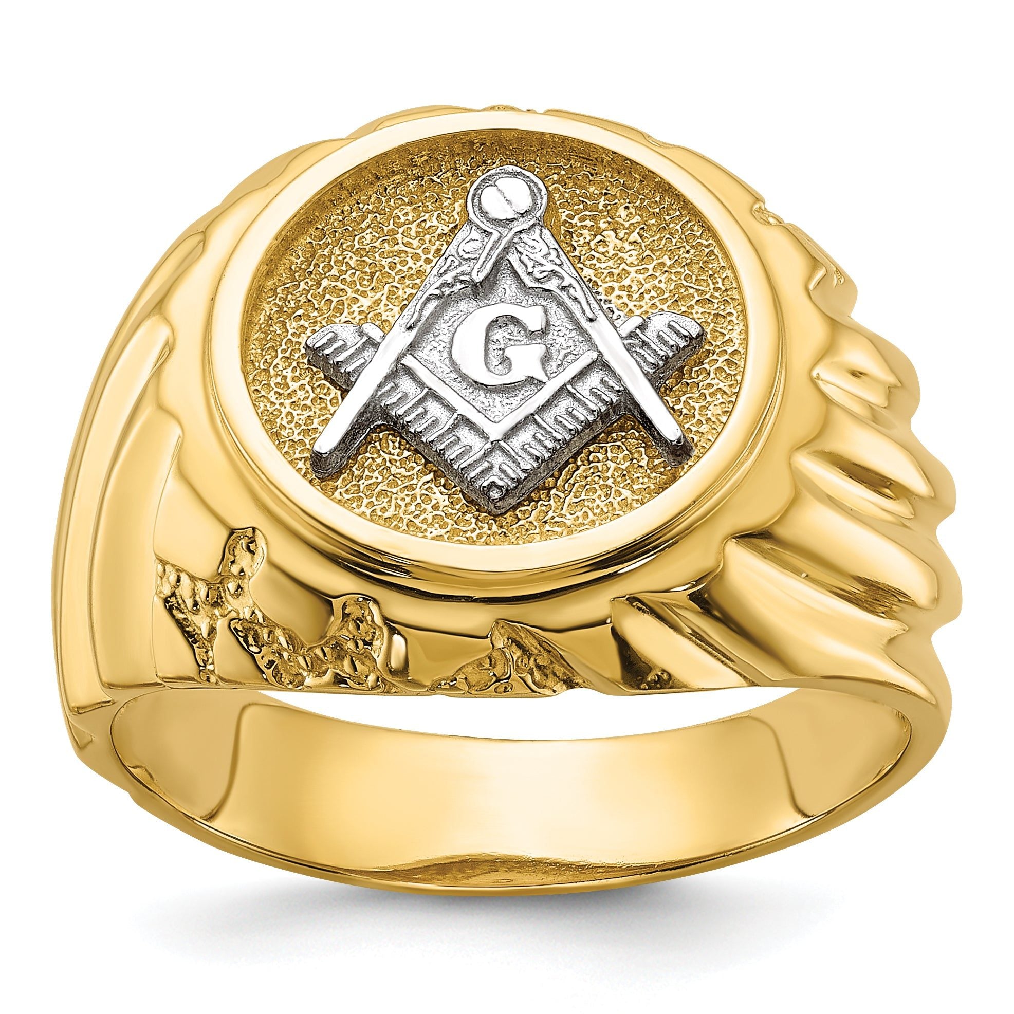 10k Two-tone Men's Polished and Textured Masonic Ring Main image