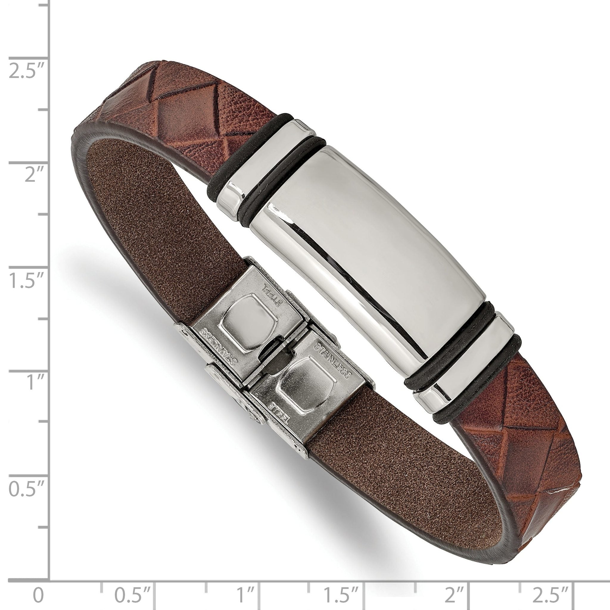 Stainless Steel Polished Brown Faux Leather with Black Rubber ID Bracelet for Men