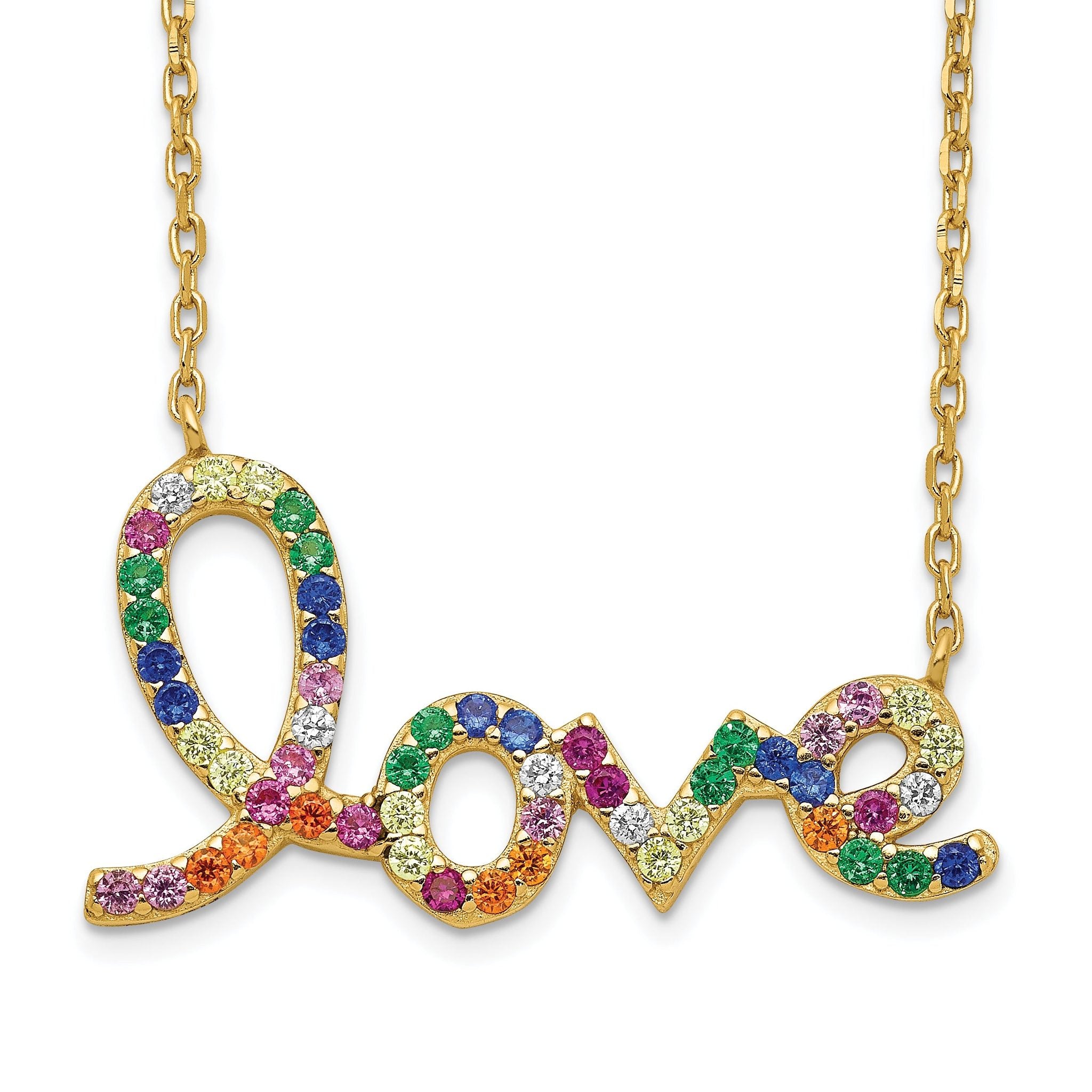 Prizma Sterling Silver Gold-tone 14K Flash Gold-plated 16 inch Colorful CZ LOVE Necklace with 2 inch Extender Main image