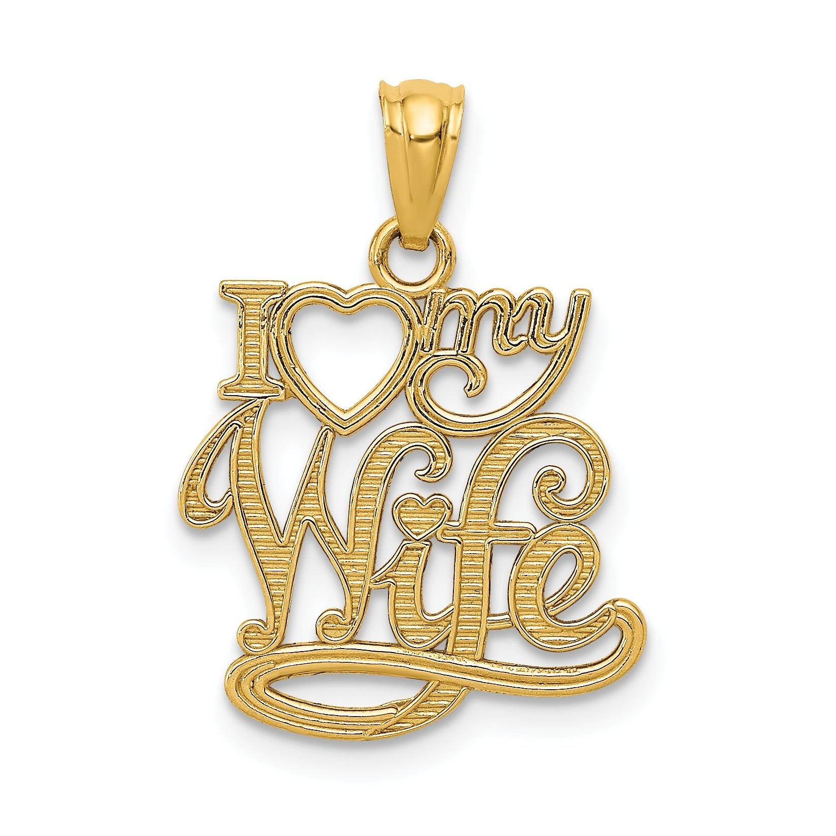 14K Gold I LOVE MY WIFE Pendant Solid, Casted, Flat Back Design