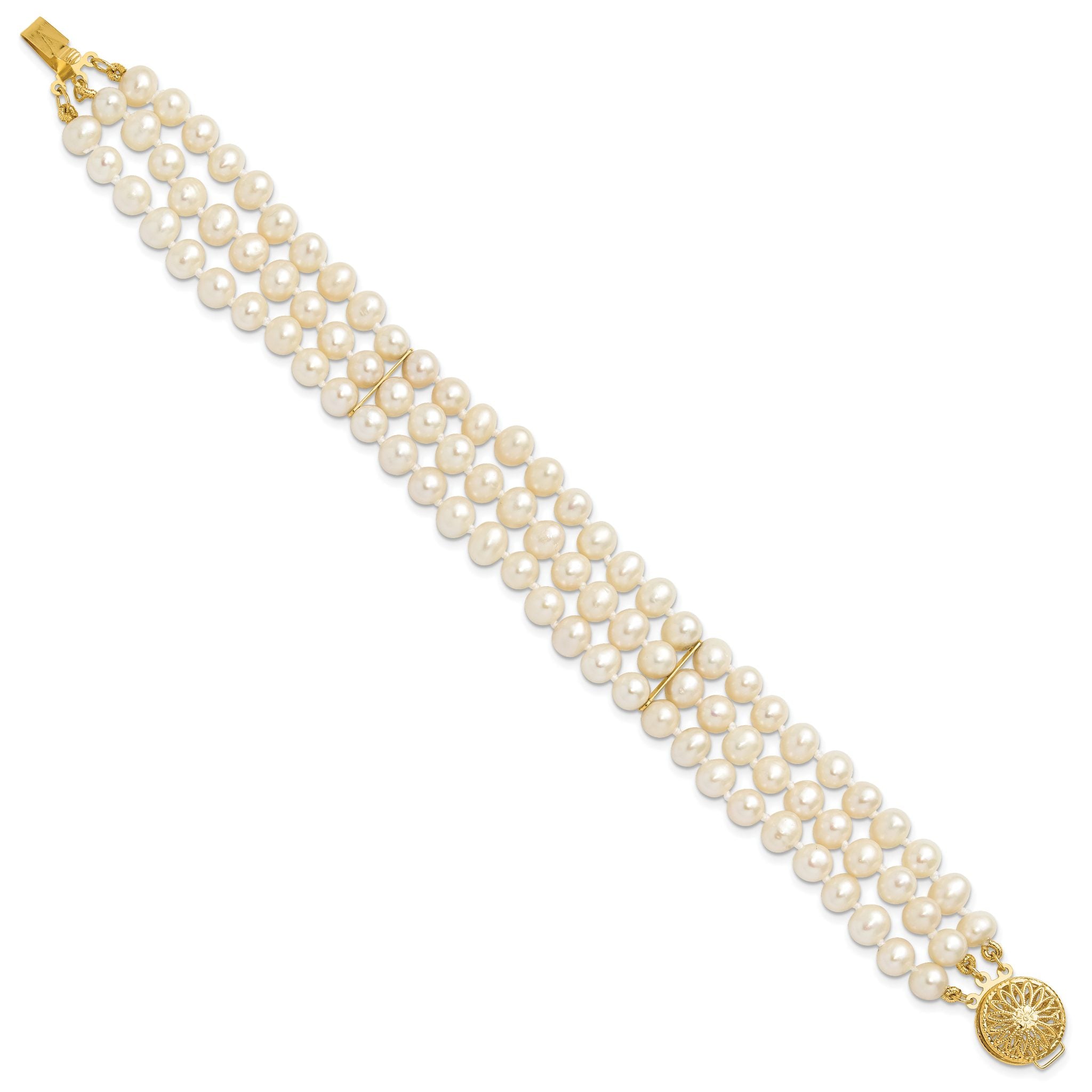 14k 5-6mm White Near Round FW Cultured Pearl 3-strand Bracelet Secondary image