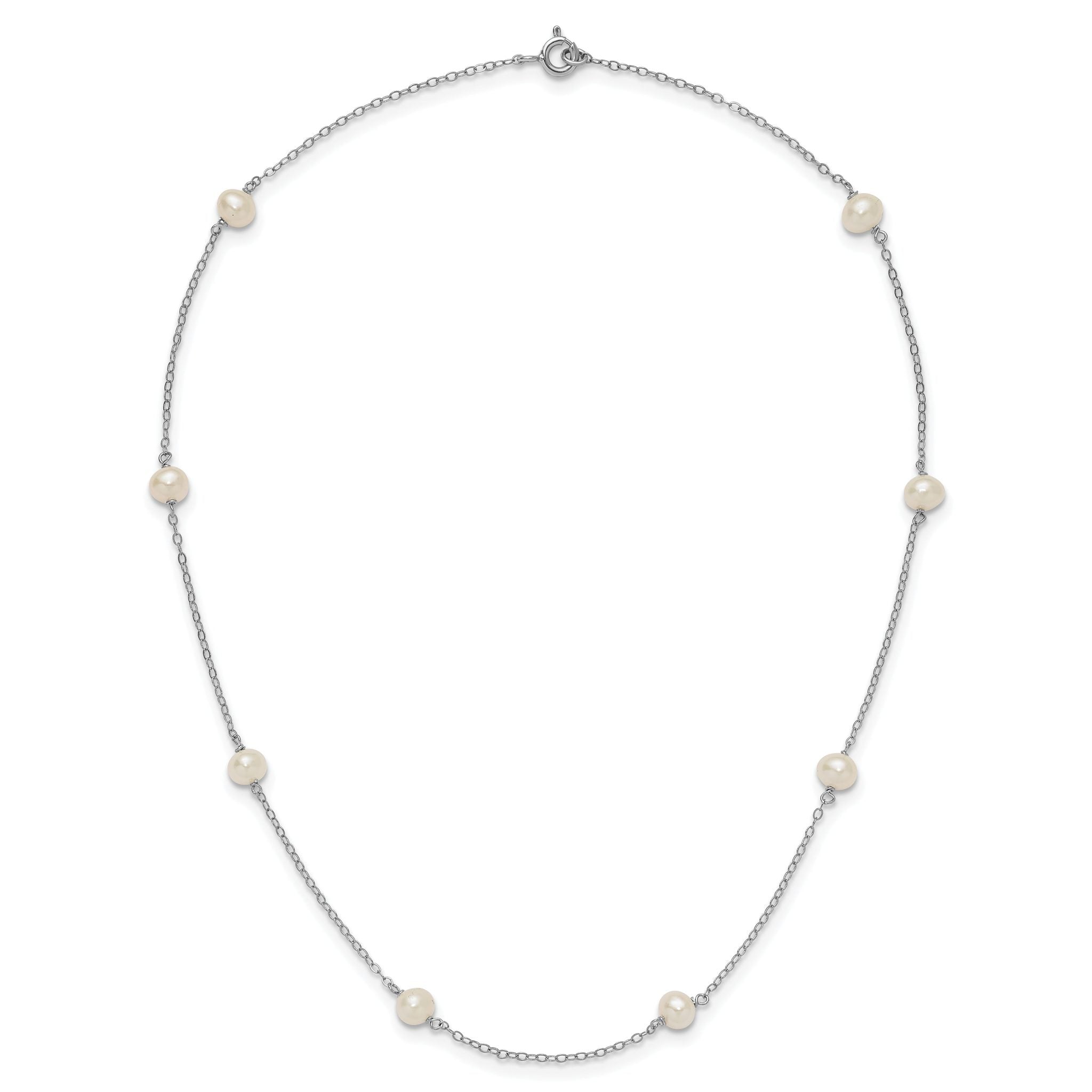 Sterling Silver Rhodium-plated 5-6mm White Near-Round Freshwater Cultured Pearl 8-Station 16 inch Necklace