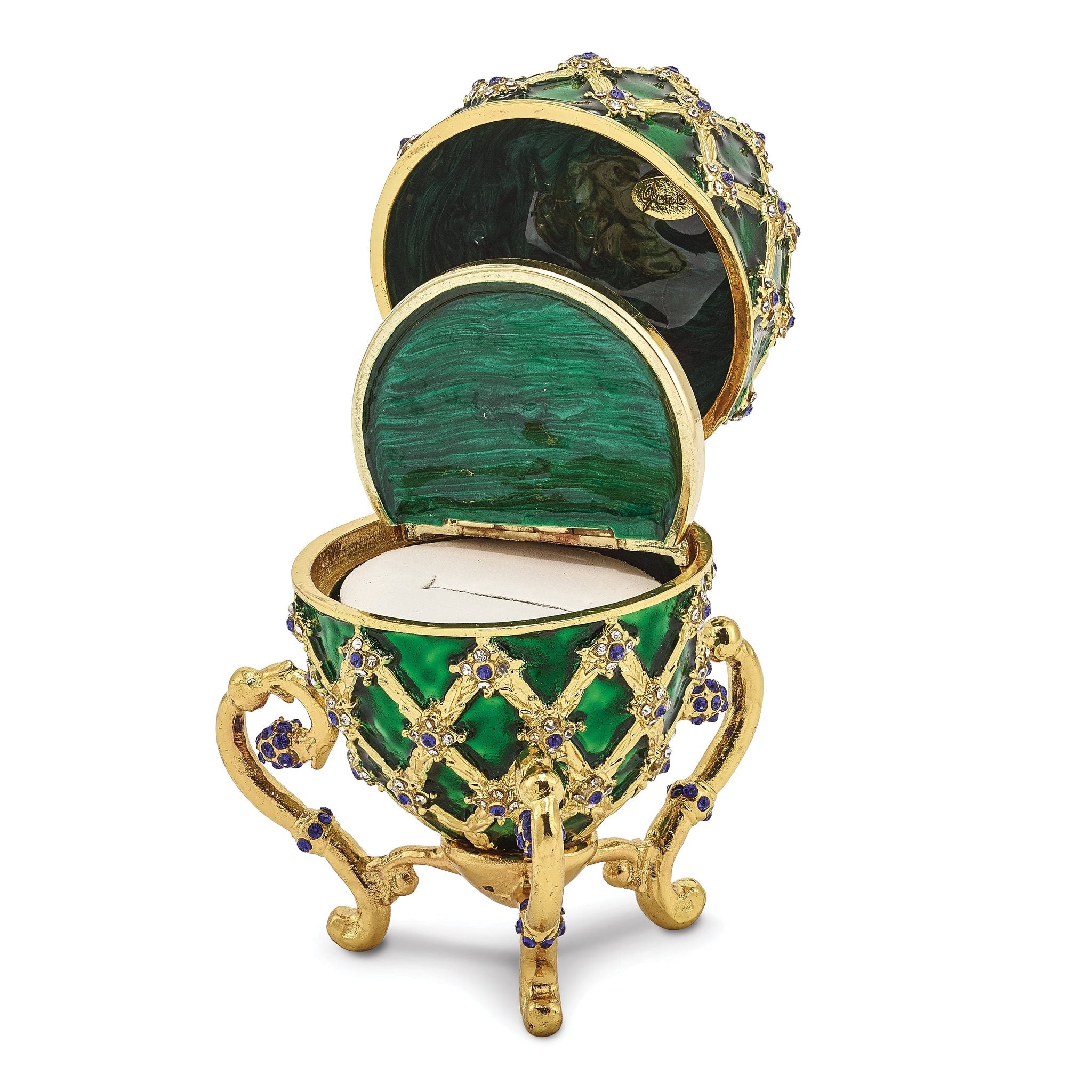 Luxury Giftware Pewter Bejeweled Crystals Gold-tone Enameled ROYAL COACH With Ring Holder and Coach Inside Egg with Matching 18 Inch Necklace