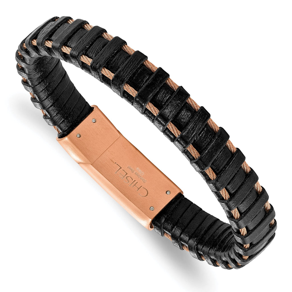Stainless Steel Polished Rose IP-plated Cable and Black Leather Bracelet for Men