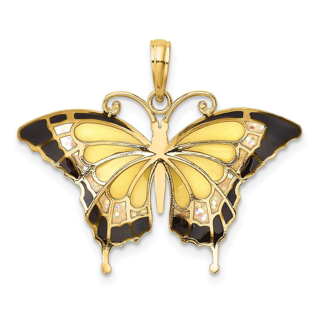 14K Yellow Gold Enameled Butterfly Pendant with Multi-Color Accents Polished Finish