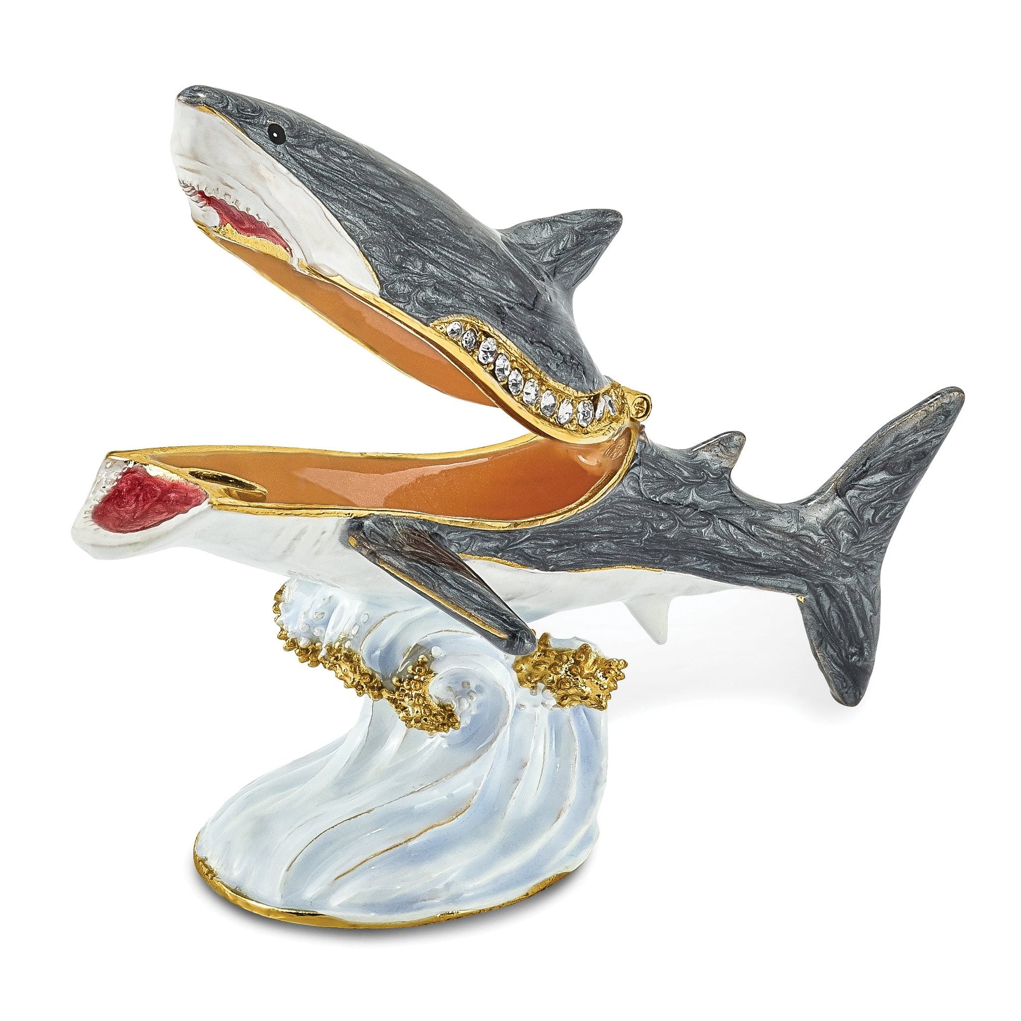 Luxury Giftware Pewter Bejeweled Crystals Gold-tone Enameled ACE Great White Shark Trinket Box with Matching 18 Inch Necklace Secondary image
