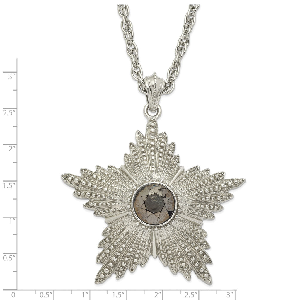 1928 Jewelry Large Silver-tone Textured Hematite Epoxy Faceted Stone Center Star 32 inch Necklace