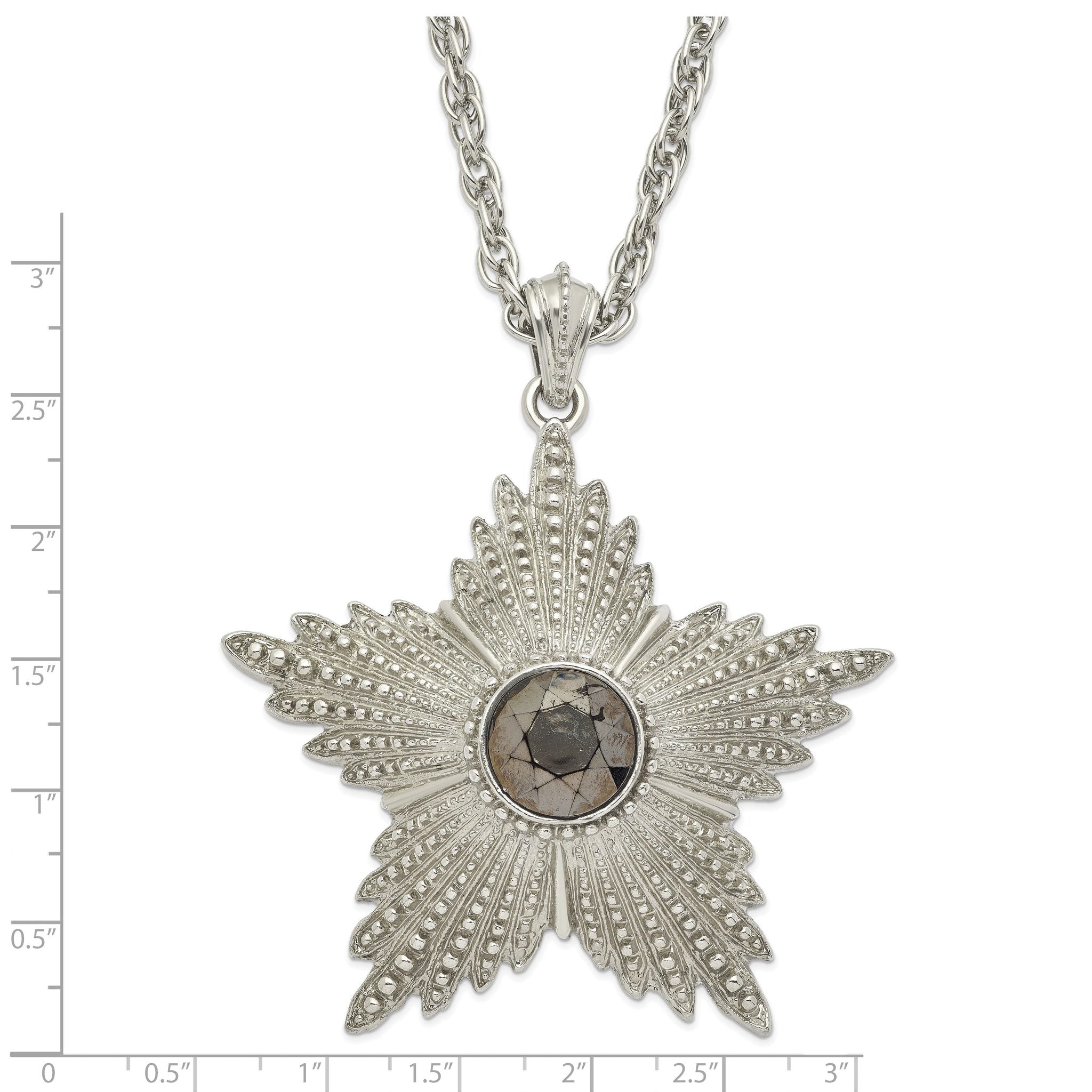 1928 Jewelry Large Silver-tone Textured Hematite Epoxy Faceted Stone Center Star 32 inch Necklace