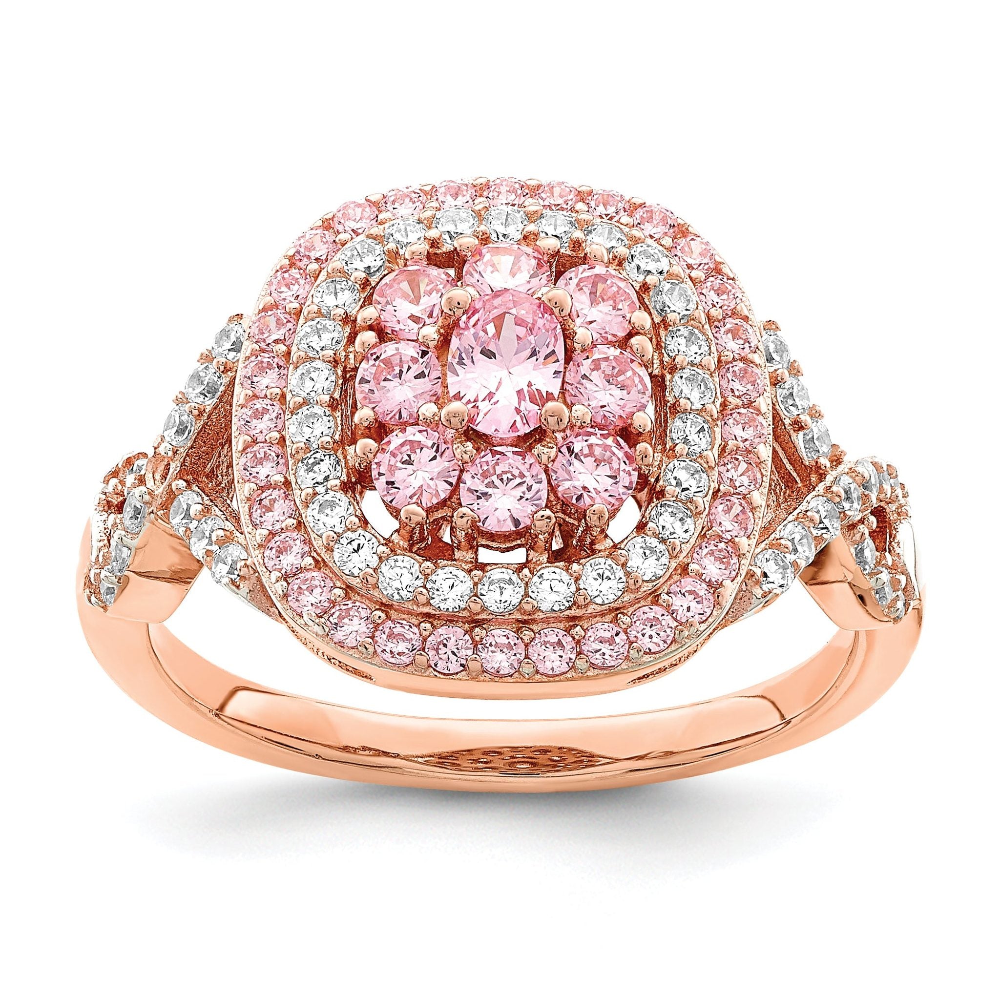 Sterling Silver Rose-plated Pink and White CZ Cushion Ring Main image