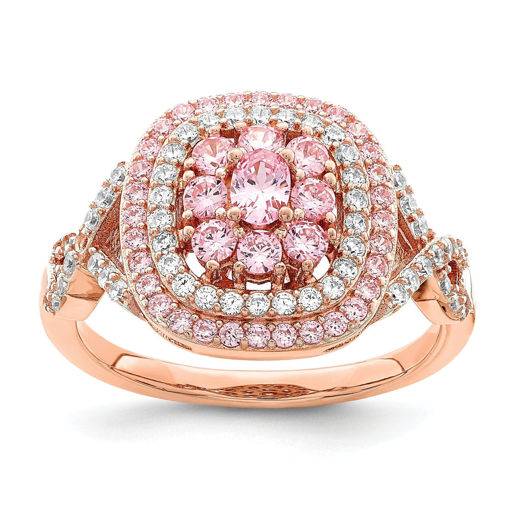 Sterling Silver Rose-plated Pink and White CZ Cushion Ring