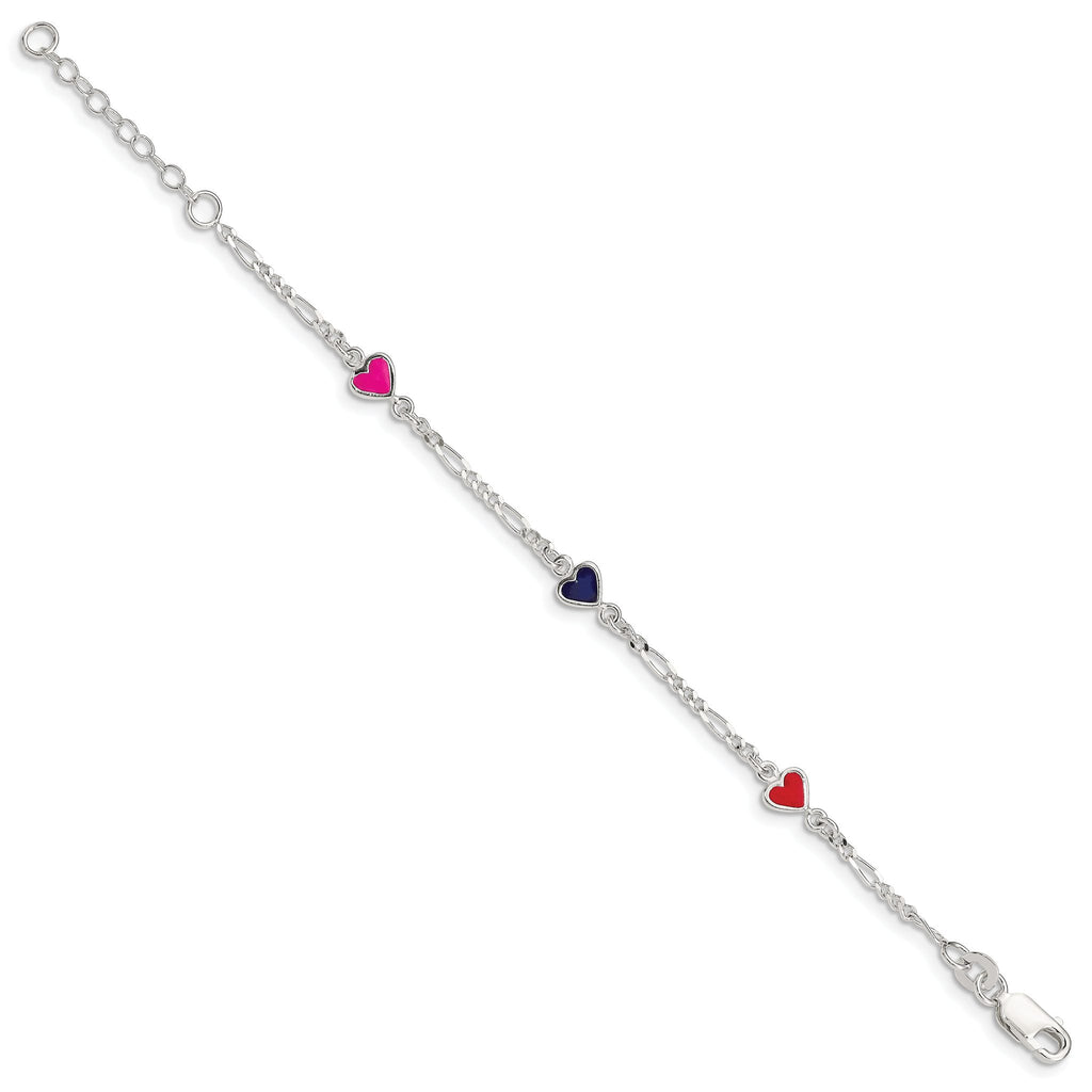 Sterling Silver Polished & Multi-color Enameled Hearts with 1 Inch Extension Children's Bracelet