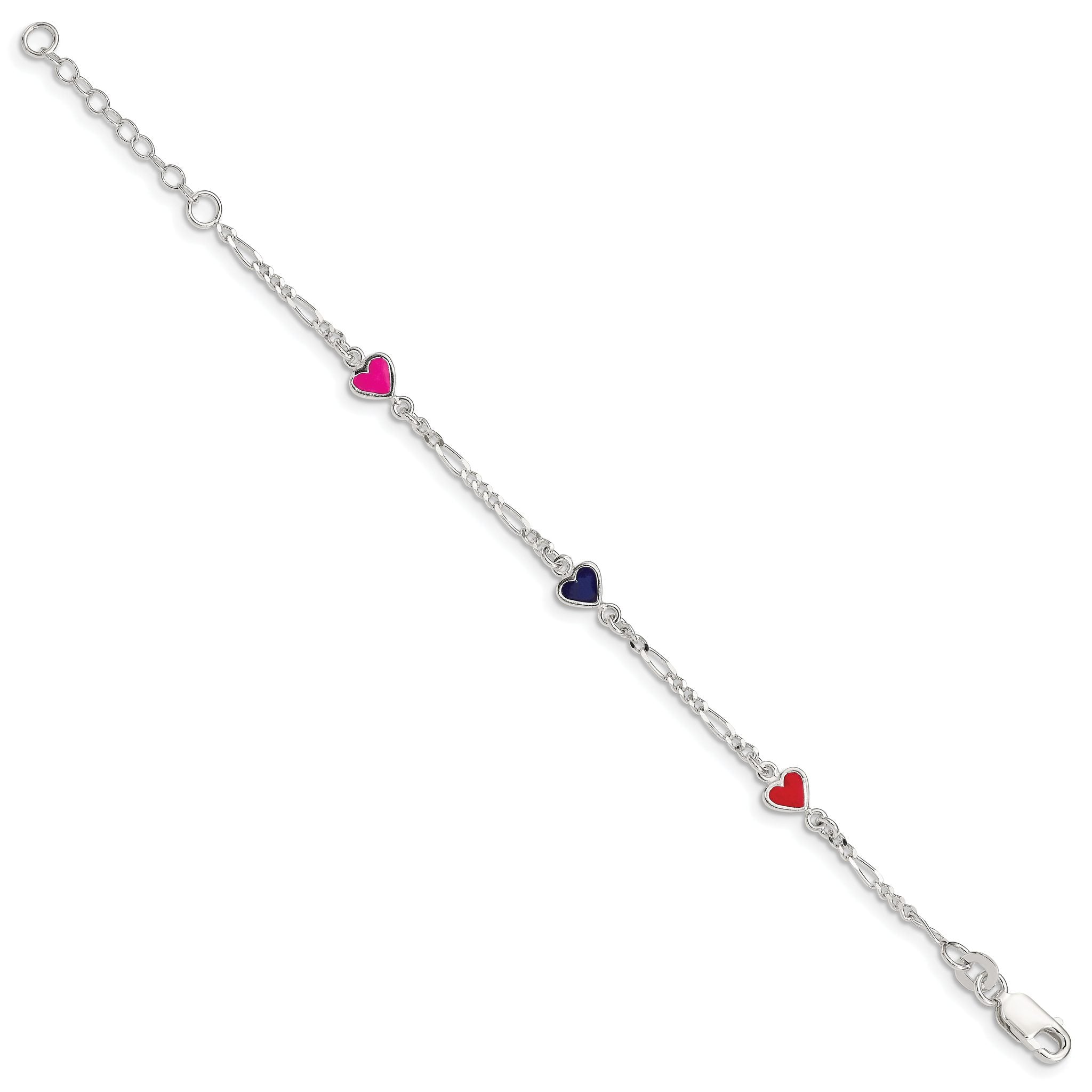 Sterling Silver Polished & Multi-color Enameled Hearts with 1 Inch Extension Children's Bracelet