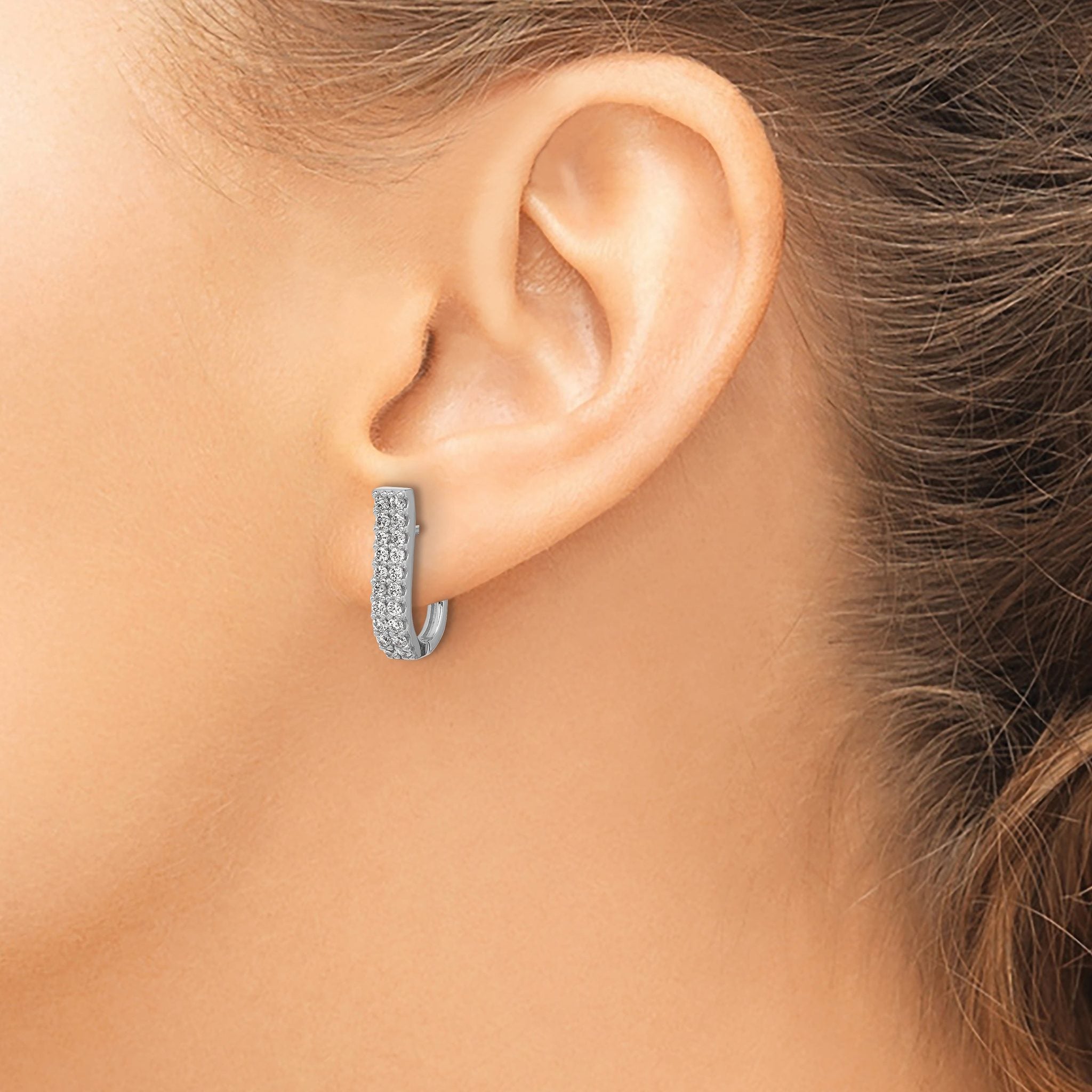 Cheryl M Sterling Silver Rhodium-plated Polished 2-Row CZ Hinged Hoop Earrings